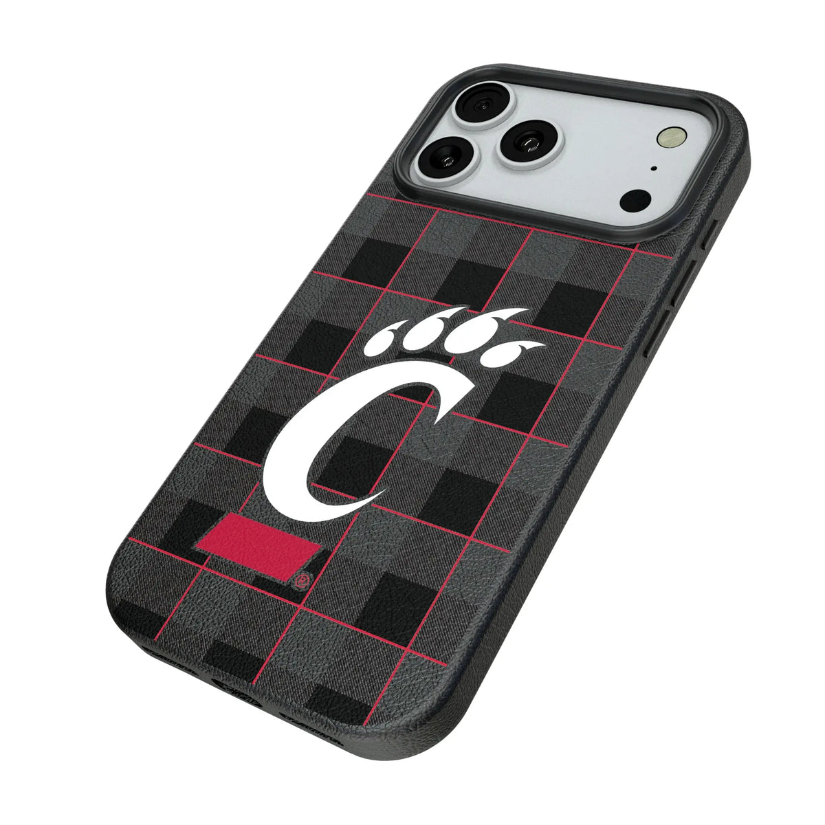 University of Cincinnati Bearcats Plaid iPhone MagSafe Compatible Phone Case for Apple iPhone - Isometric View#Device_iPhone 18 Pro Max