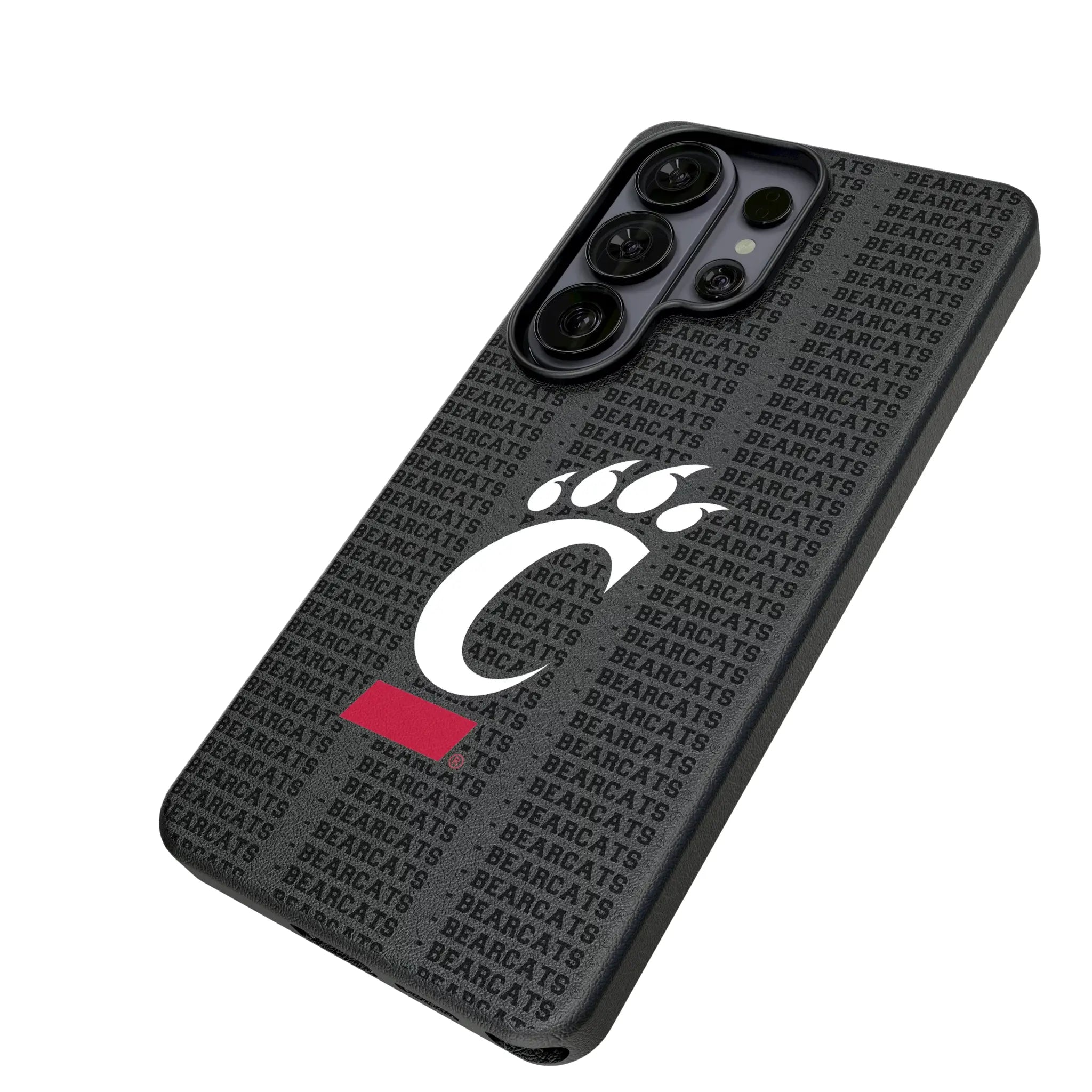 University of Cincinnati Bearcats Text Backdrop Galaxy MagSafe Compatible Phone Case for Samsung Galaxy - Isometric View#Device_Galaxy S26 Ultra