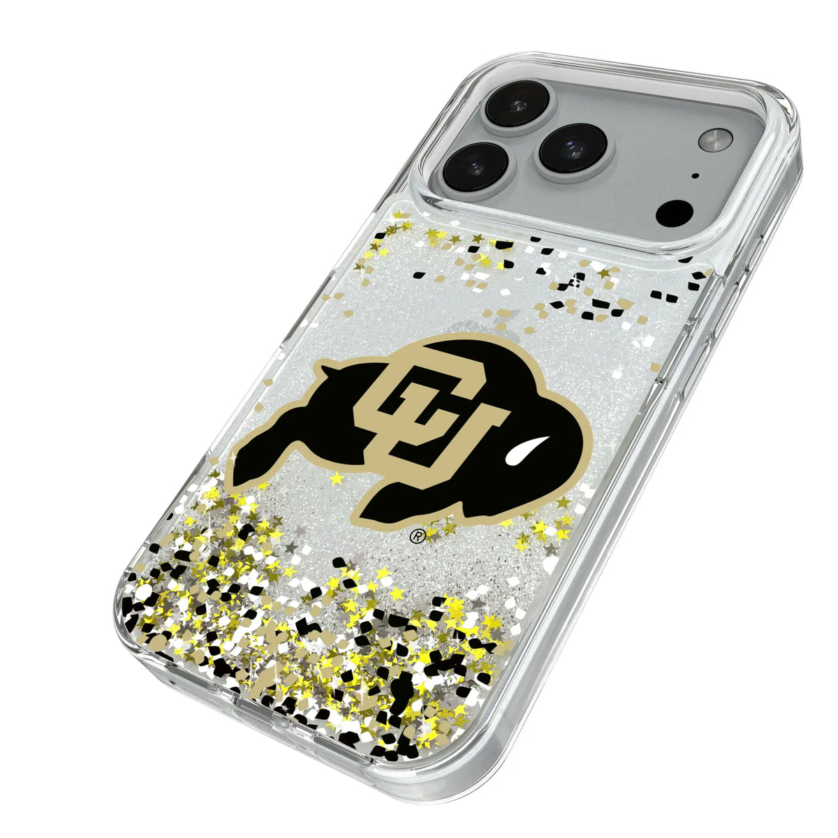 University of Colorado Buffaloes Confetti iPhone Glitter Phone Case for Apple iPhone - Isometric View#Device_iPhone 18 Pro