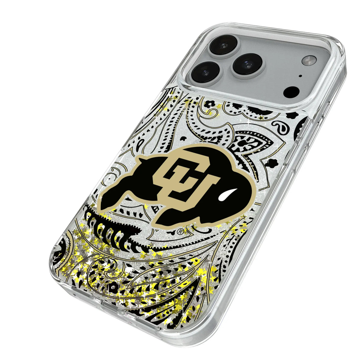 University of Colorado Buffaloes Paisley iPhone Glitter Phone Case for Apple iPhone - Isometric View#Device_iPhone 18 Pro