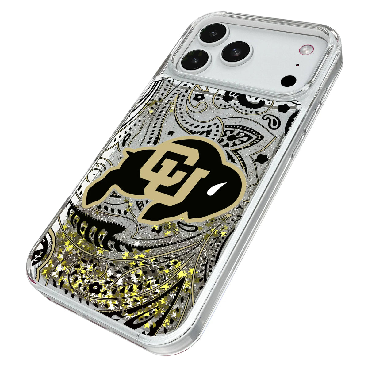 University of Colorado Buffaloes Paisley iPhone Glitter Phone Case for Apple iPhone - Isometric View#Device_iPhone 18 Pro Max