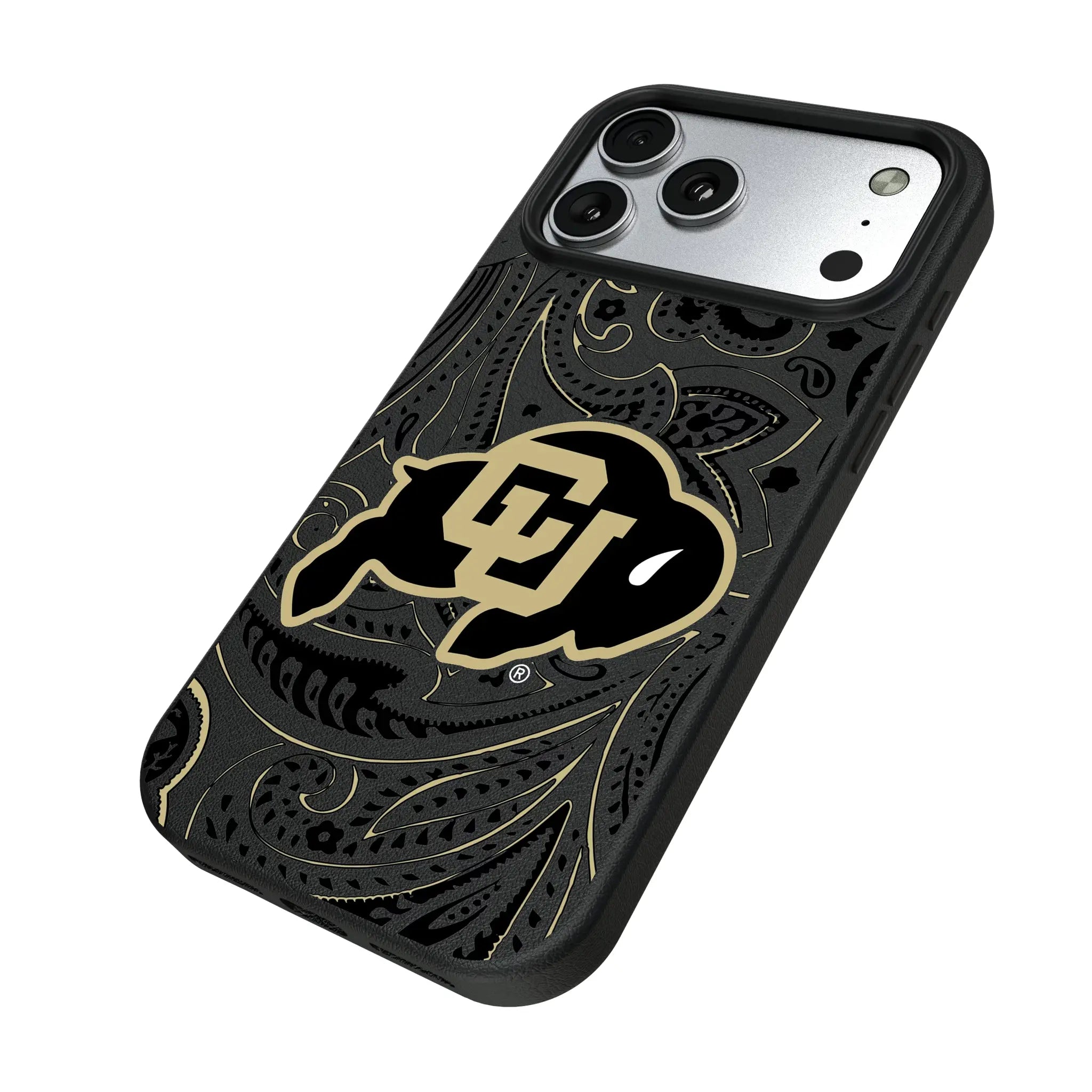 University of Colorado Buffaloes Paisley iPhone MagSafe Compatible Phone Case for Apple iPhone - Isometric View#Device_iPhone 17 Pro Max