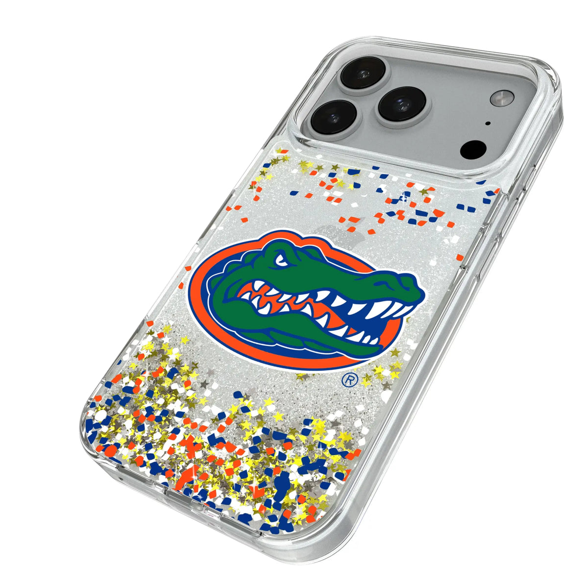 University of Florida Gators Confetti iPhone Glitter Phone Case for Apple iPhone - Isometric View#Device_iPhone 18 Pro