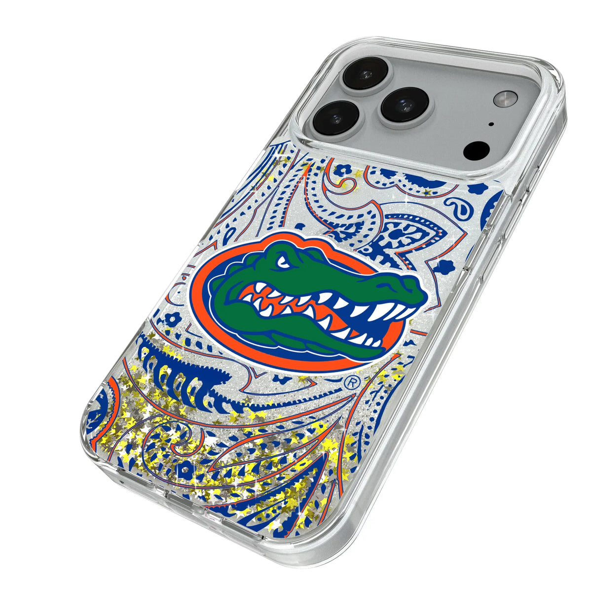 University of Florida Gators Paisley iPhone Glitter Phone Case for Apple iPhone - Isometric View#Device_iPhone 18 Pro