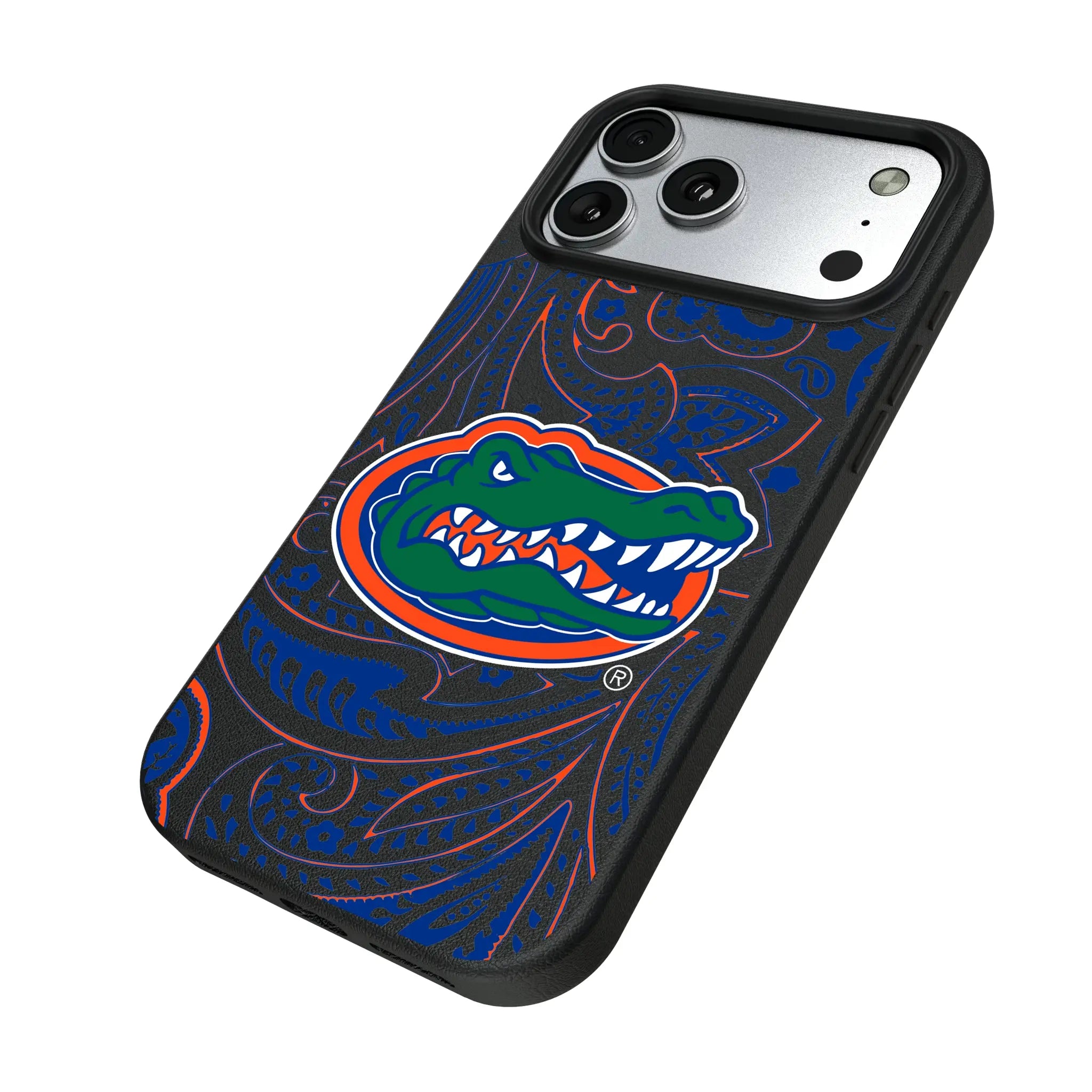 University of Florida Gators Paisley iPhone MagSafe Compatible Phone Case for Apple iPhone - Isometric View#Device_iPhone 17 Pro Max