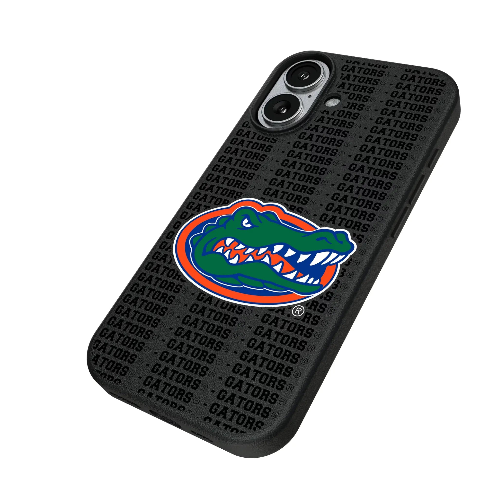 University of Florida Gators Text Backdrop iPhone MagSafe Compatible Phone Case for Apple iPhone - Isometric View#Device_iPhone 17