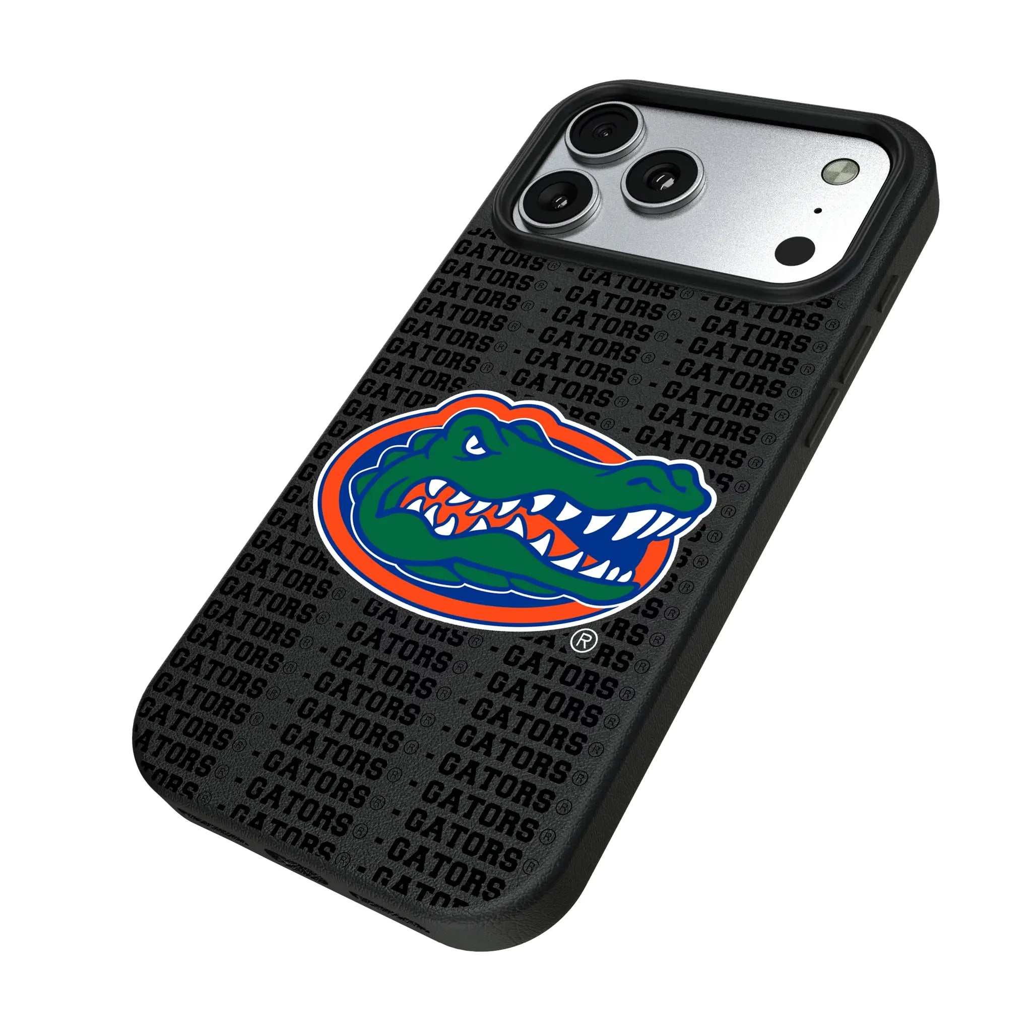 University of Florida Gators Text Backdrop iPhone MagSafe Compatible Phone Case for Apple iPhone - Isometric View#Device_iPhone 17 Pro Max