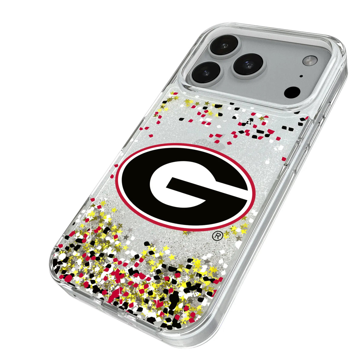University of Georgia Bulldogs Confetti iPhone Glitter Phone Case for Apple iPhone - Isometric View#Device_iPhone 18 Pro