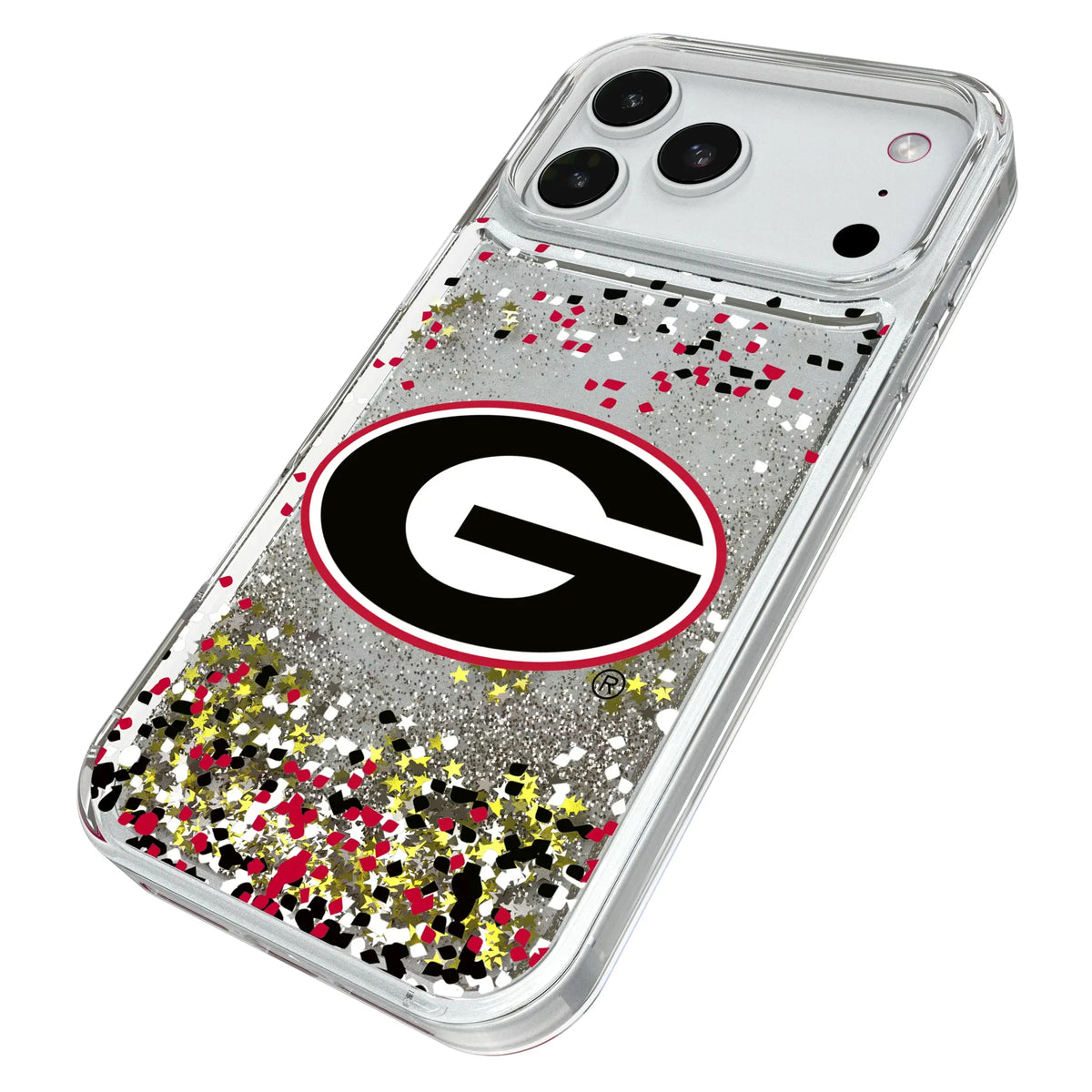 University of Georgia Bulldogs Confetti iPhone Glitter Phone Case for Apple iPhone - Isometric View#Device_iPhone 18 Pro Max
