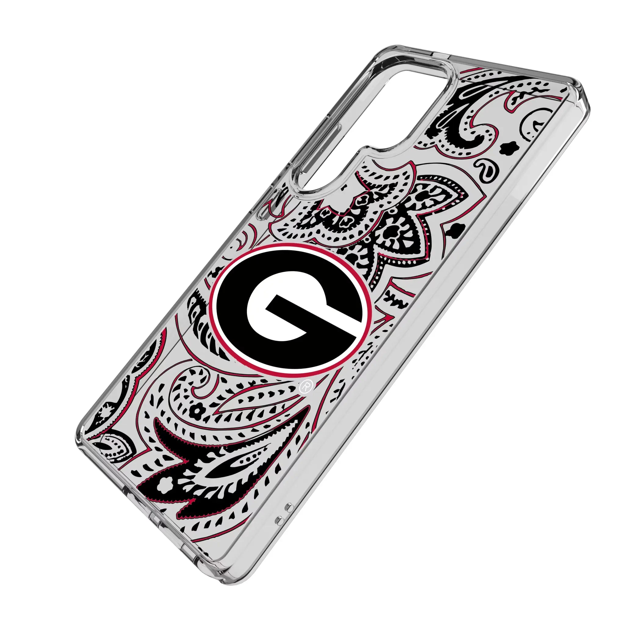 University of Georgia Bulldogs Paisley Galaxy Clear Phone Case for Samsung Galaxy - Isometric View#Device_Galaxy S25 Ultra