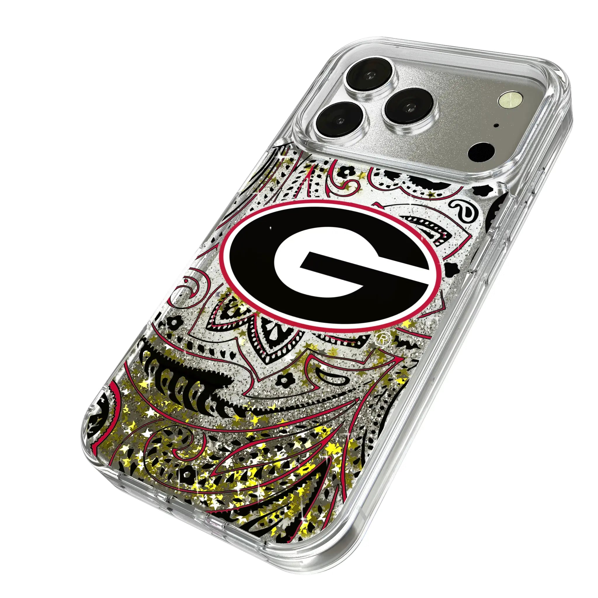 University of Georgia Bulldogs Paisley iPhone Glitter Phone Case for Apple iPhone - Isometric View