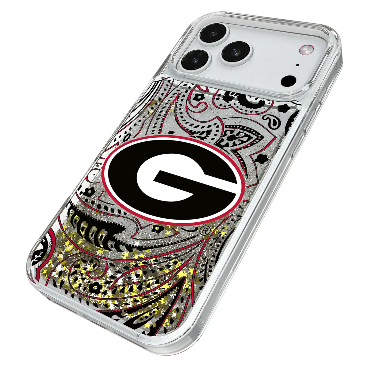 University of Georgia Bulldogs Paisley iPhone Glitter Phone Case for Apple iPhone - Isometric View#Device_iPhone 18 Pro Max