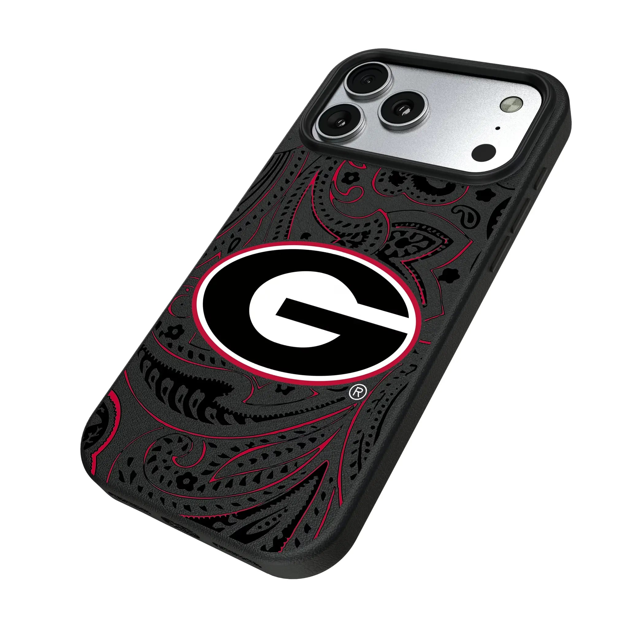 University of Georgia Bulldogs Paisley iPhone MagSafe Compatible Phone Case for Apple iPhone - Isometric View#Device_iPhone 17 Pro Max