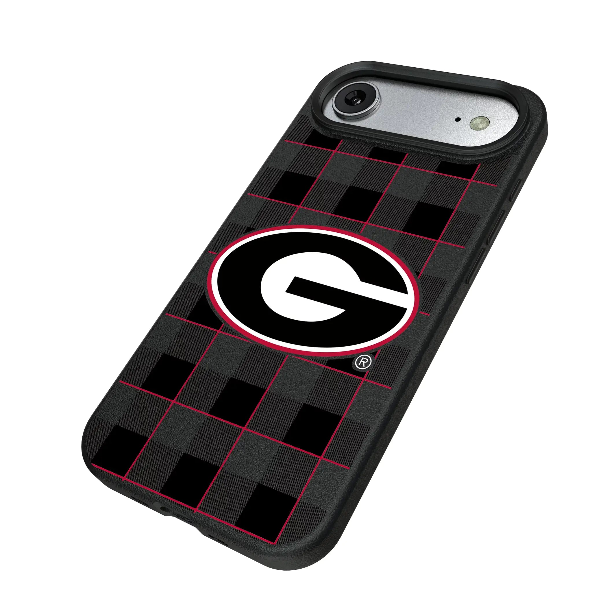 University of Georgia Bulldogs Plaid iPhone MagSafe Compatible Phone Case for Apple iPhone - Isometric View#Device_iPhone Air