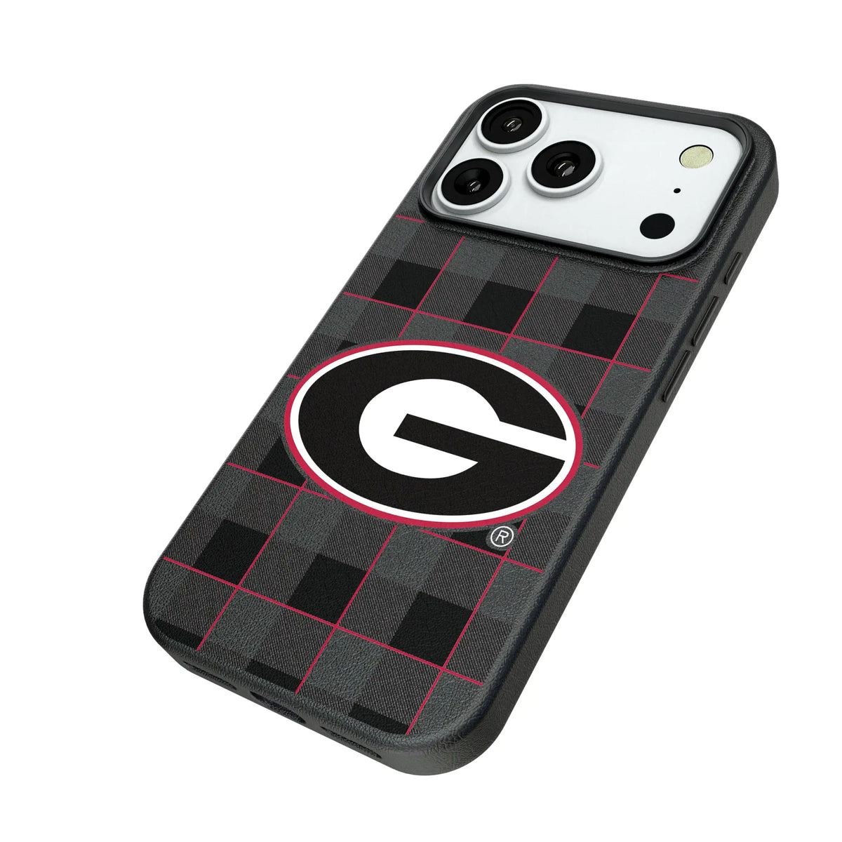 University of Georgia Bulldogs Plaid iPhone MagSafe Compatible Phone Case for Apple iPhone - Isometric View#Device_iPhone 18 Pro