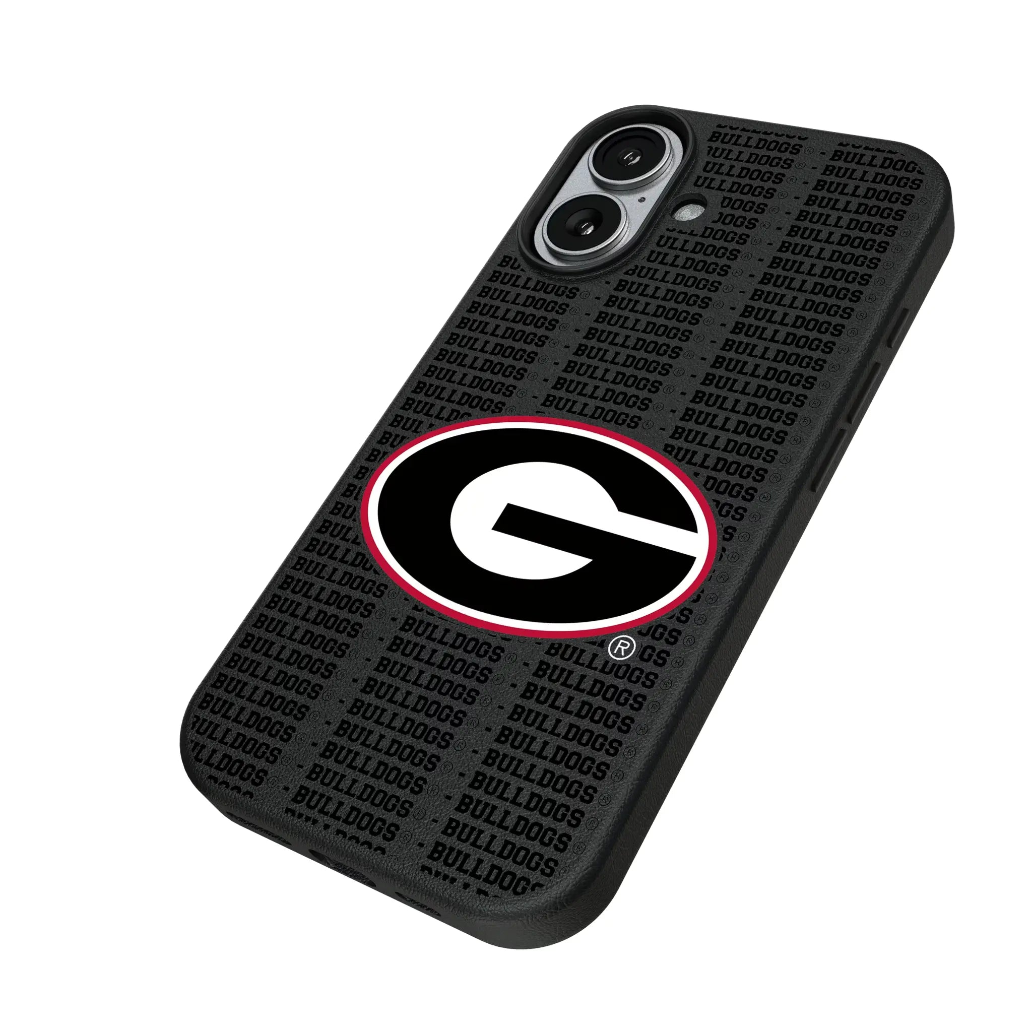 University of Georgia Bulldogs Text Backdrop iPhone MagSafe Compatible Phone Case for Apple iPhone - Isometric View#Device_iPhone 17