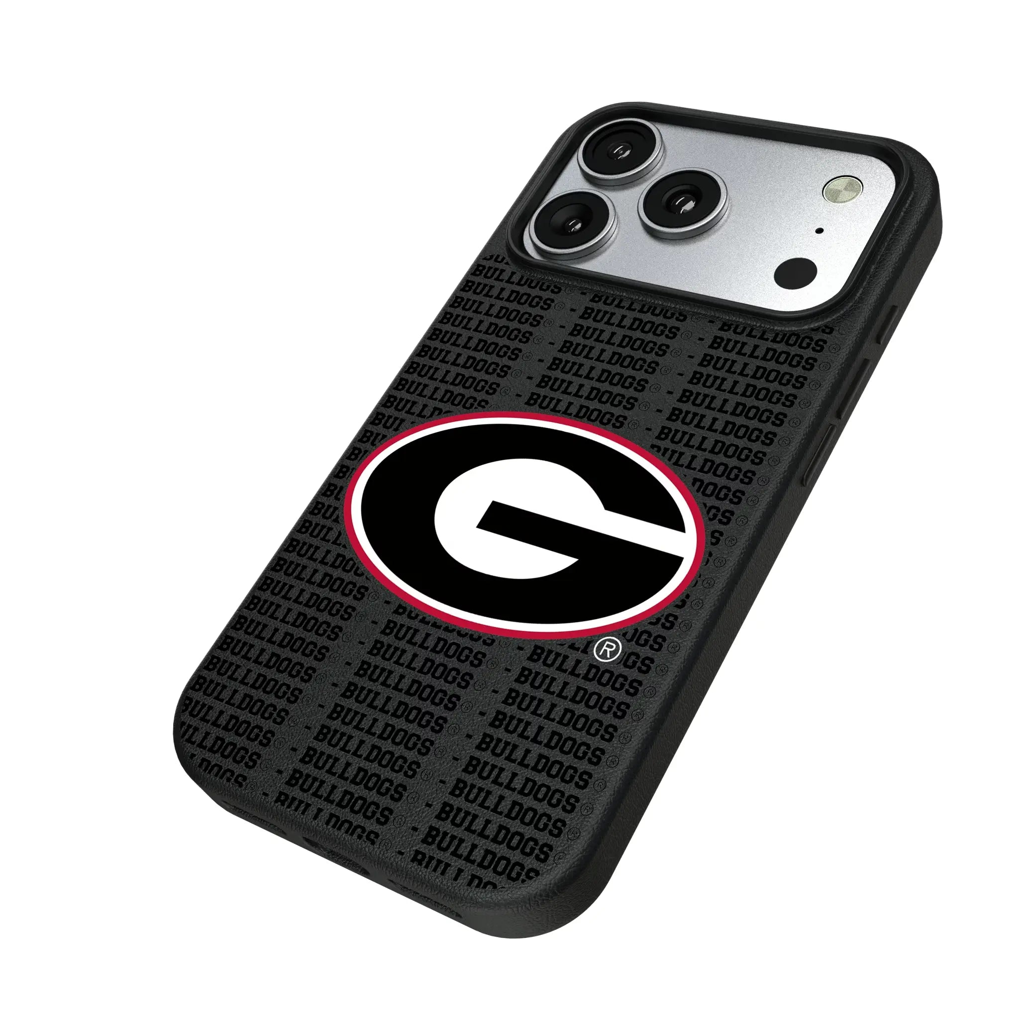 University of Georgia Bulldogs Text Backdrop iPhone MagSafe Compatible Phone Case for Apple iPhone - Isometric View#Device_iPhone 17 Pro