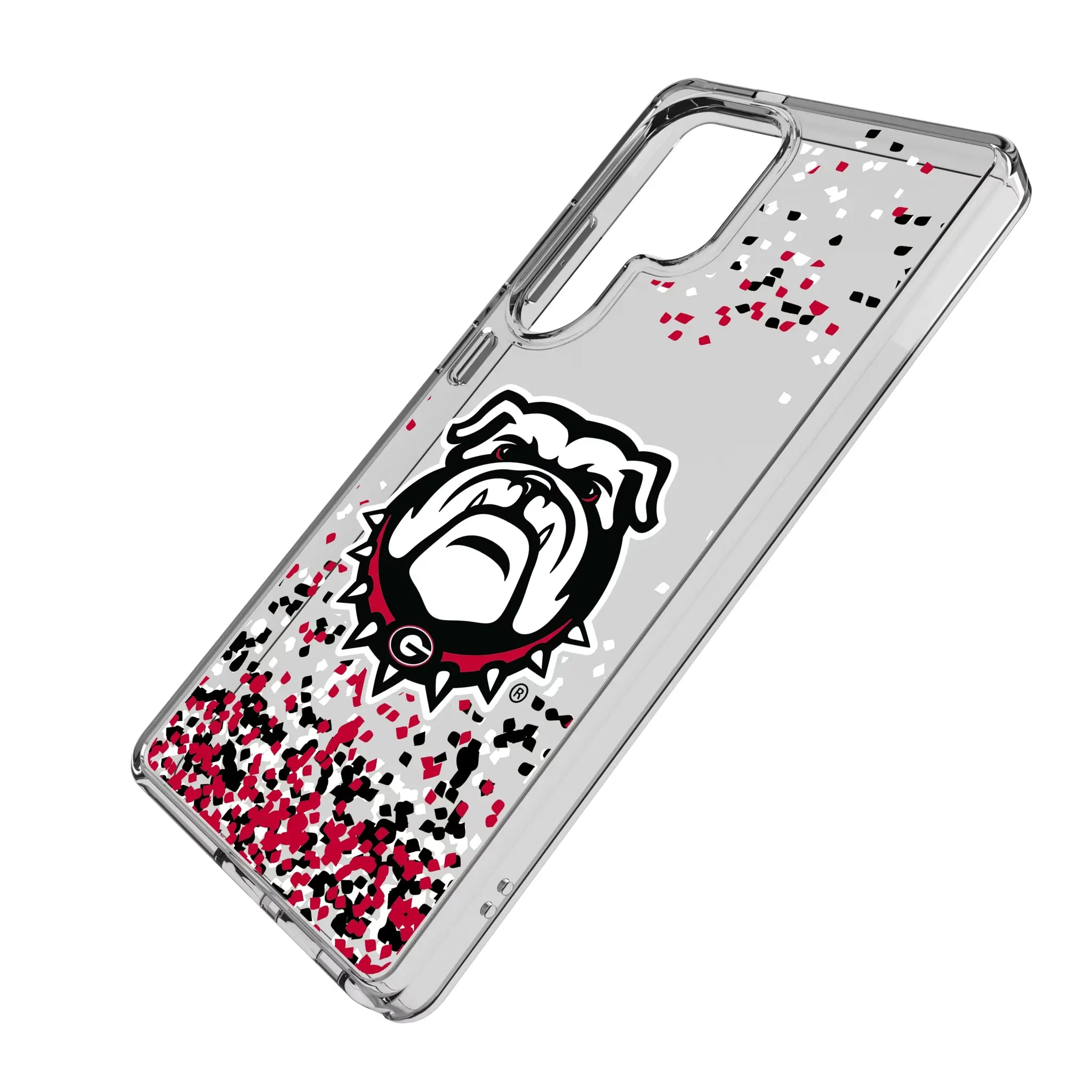 University of Georgia Bulldogs Uga Confetti Galaxy Clear Phone Case for Samsung Galaxy - Isometric View#Device_Galaxy S25 Ultra