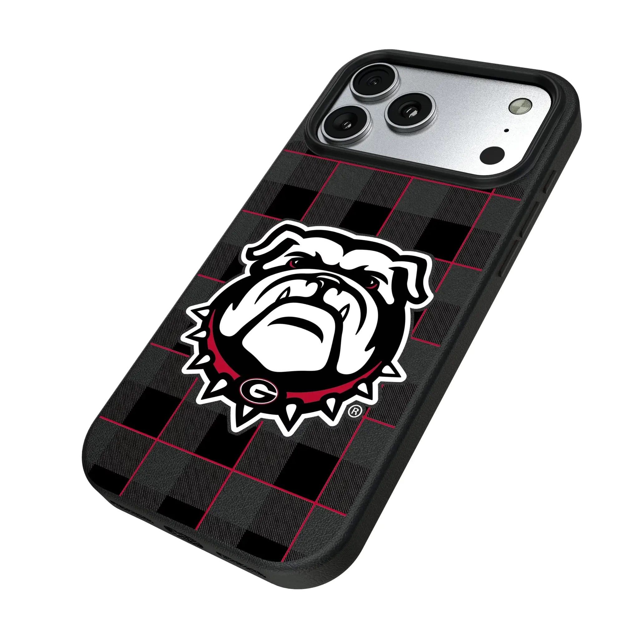 University of Georgia Bulldogs Uga Plaid iPhone MagSafe Compatible Phone Case for Apple iPhone - Isometric View#Device_iPhone 17 Pro Max