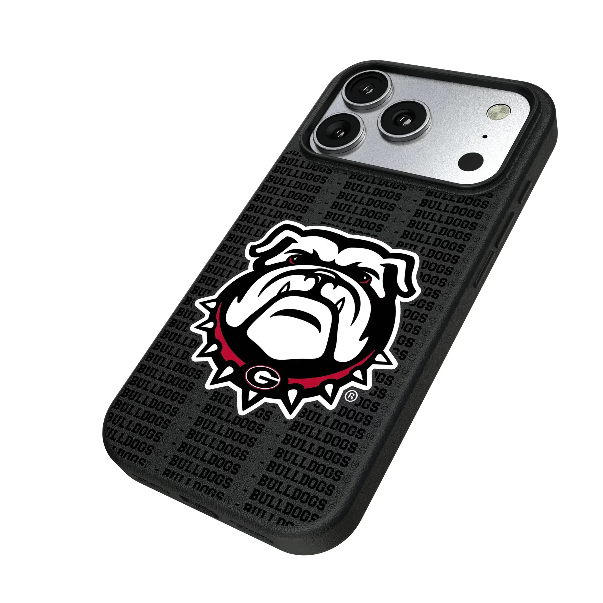 University of Georgia Bulldogs Uga Text Backdrop iPhone MagSafe Compatible Phone Case for Apple iPhone - Isometric View#Device_iPhone 17 Pro