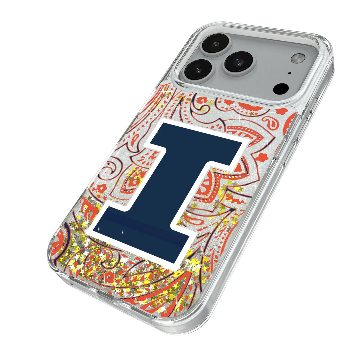 University of Illinois Fighting Illini Paisley iPhone Glitter Phone Case for Apple iPhone - Isometric View#Device_iPhone 18 Pro