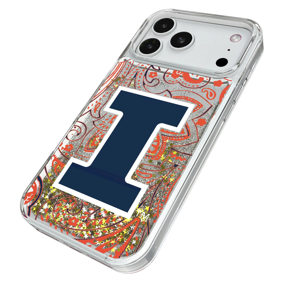 University of Illinois Fighting Illini Paisley iPhone Glitter Phone Case for Apple iPhone - Isometric View#Device_iPhone 18 Pro Max