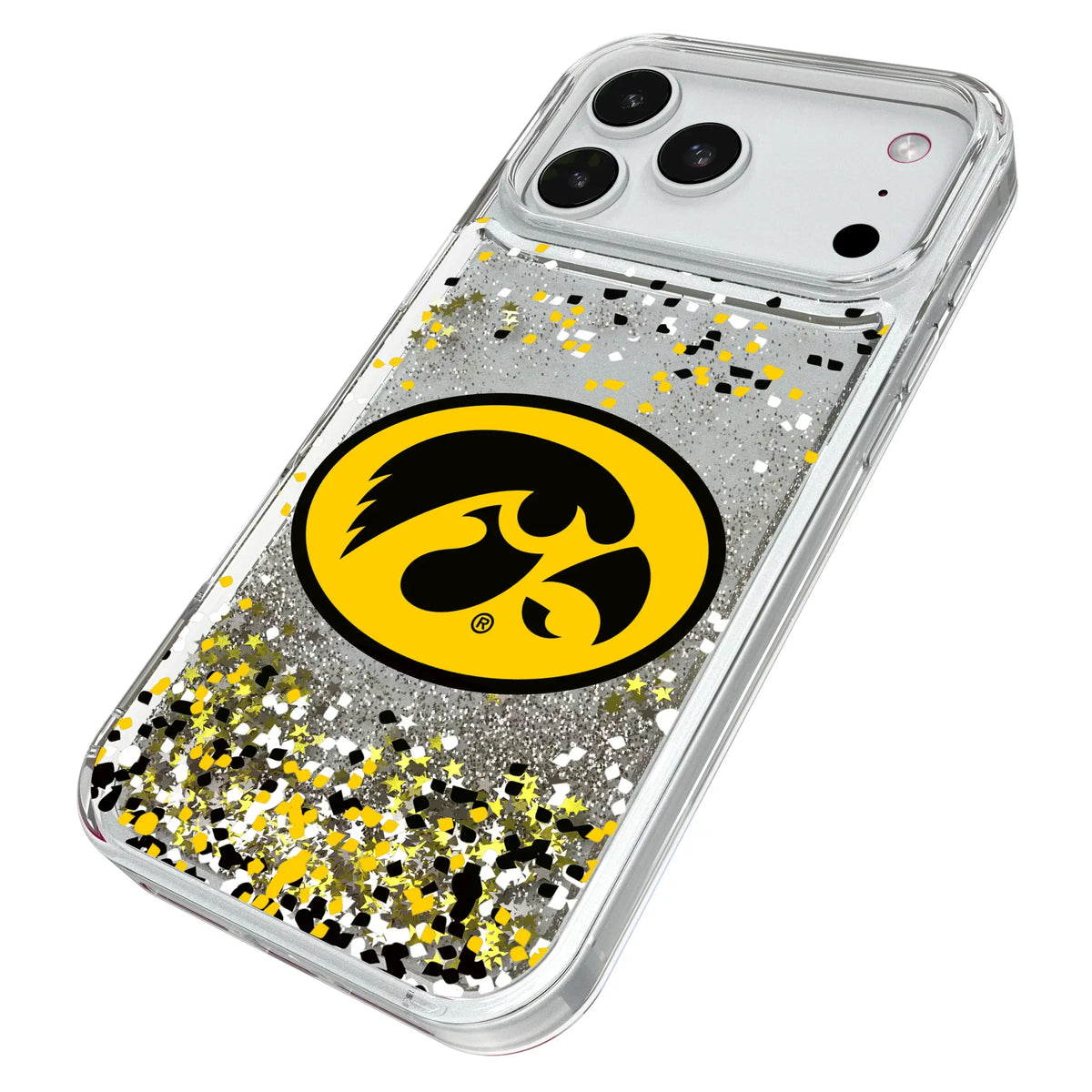 University of Iowa Hawkeyes Confetti iPhone Glitter Phone Case for Apple iPhone - Isometric View#Device_iPhone 18 Pro Max