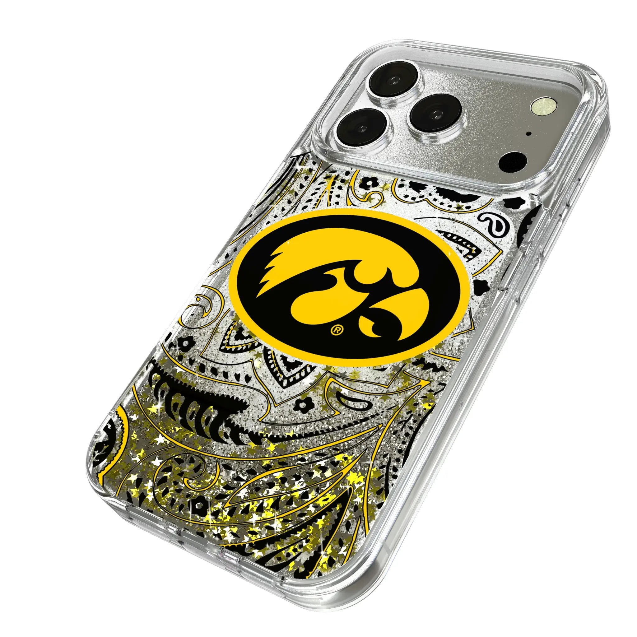 University of Iowa Hawkeyes Paisley iPhone Glitter Phone Case for Apple iPhone - Isometric View
