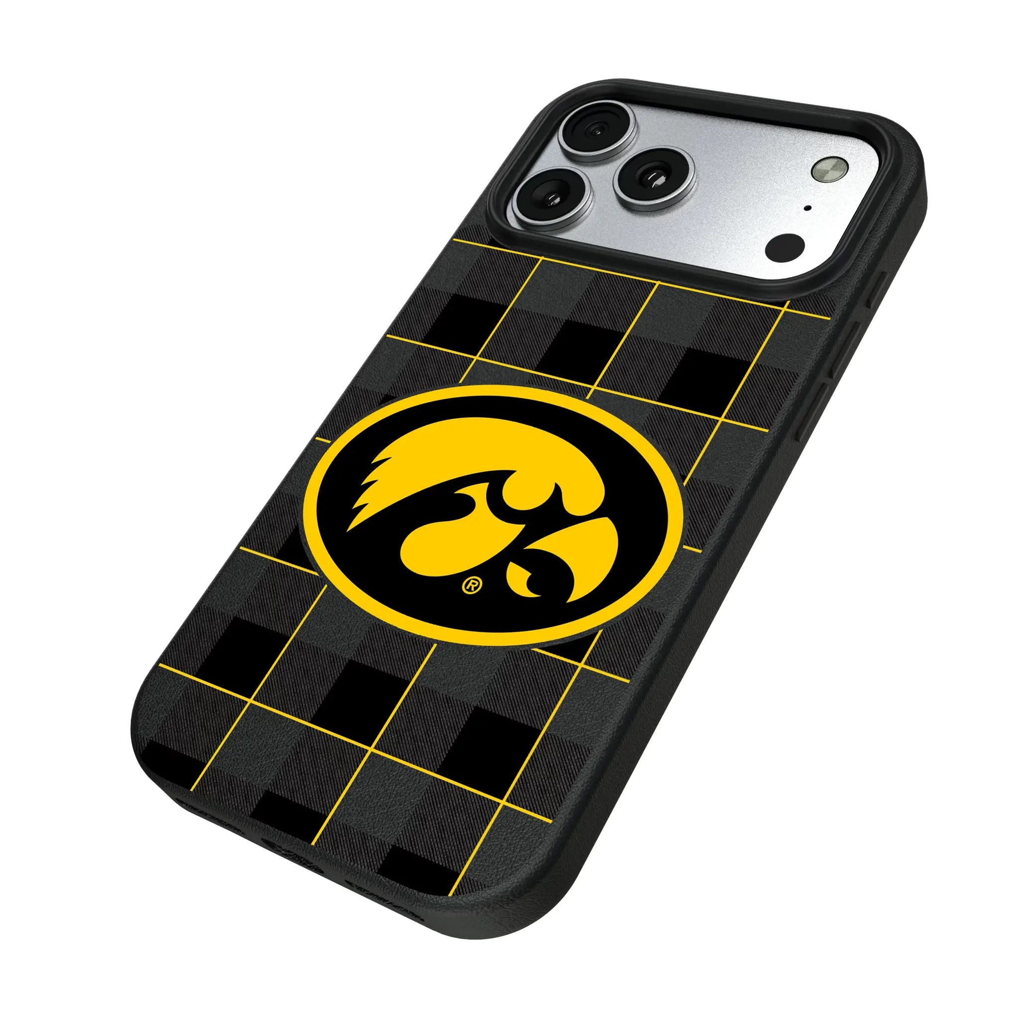 University of Iowa Hawkeyes Plaid iPhone MagSafe Compatible Phone Case for Apple iPhone - Isometric View#Device_iPhone 17 Pro Max