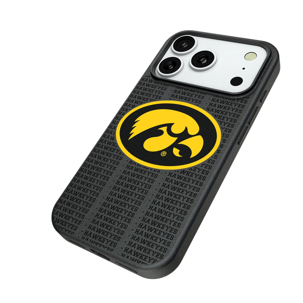 University of Iowa Hawkeyes Text Backdrop iPhone MagSafe Compatible Phone Case for Apple iPhone - Isometric View#Device_iPhone 18 Pro