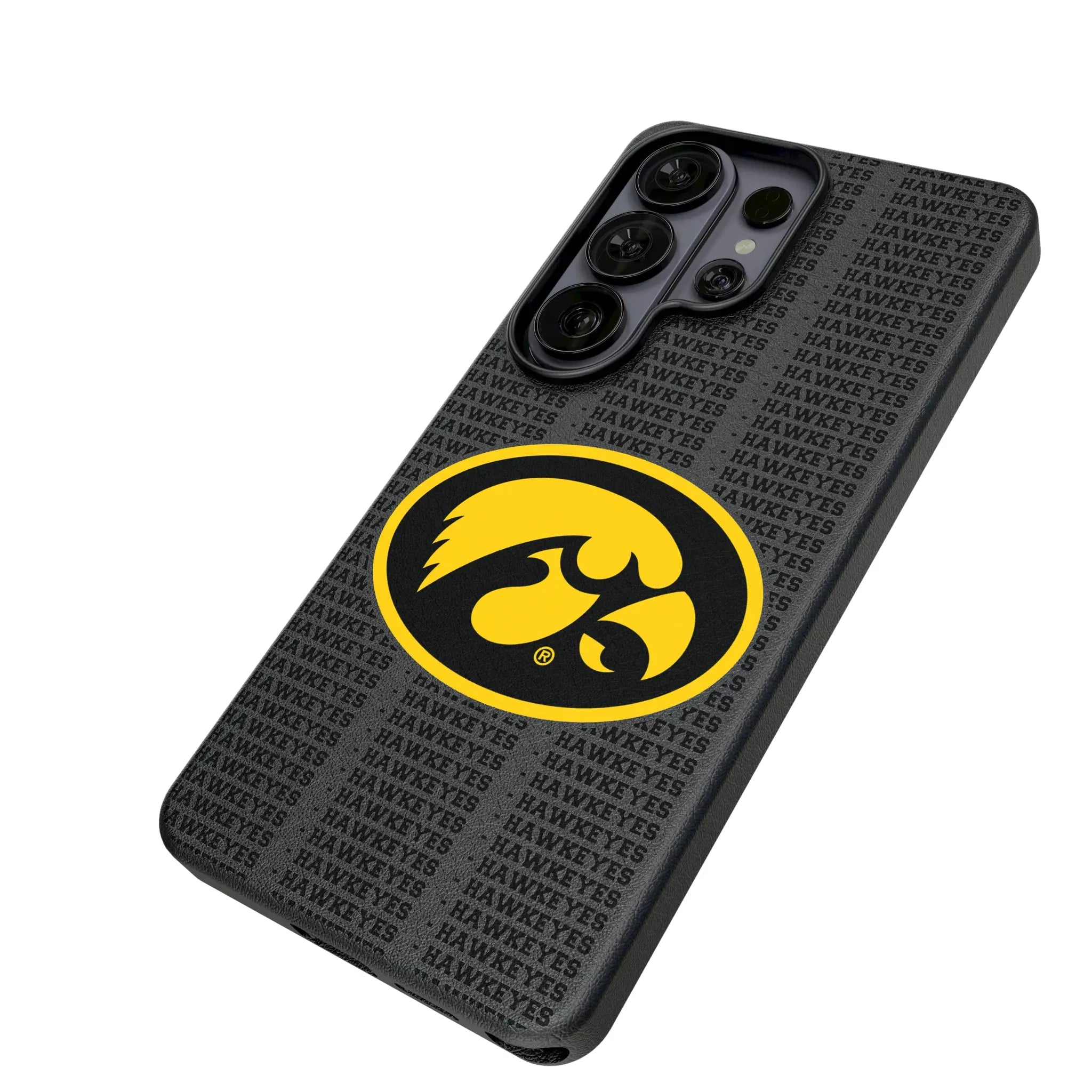 University of Iowa Hawkeyes Text Backdrop Galaxy MagSafe Compatible Phone Case for Samsung Galaxy - Isometric View#Device_Galaxy S26 Ultra