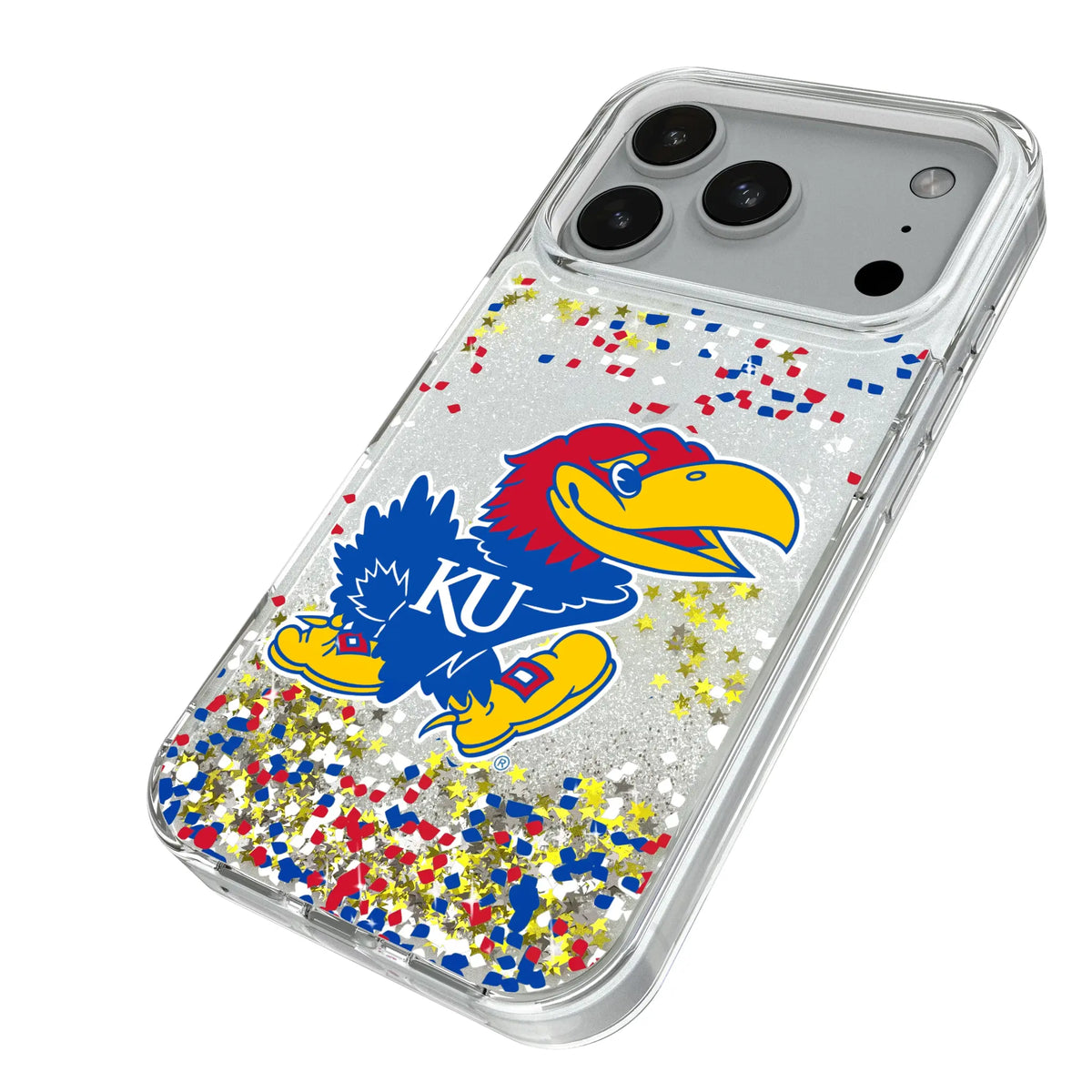 University of Kansas Jayhawks Confetti iPhone Glitter Phone Case for Apple iPhone - Isometric View#Device_iPhone 18 Pro