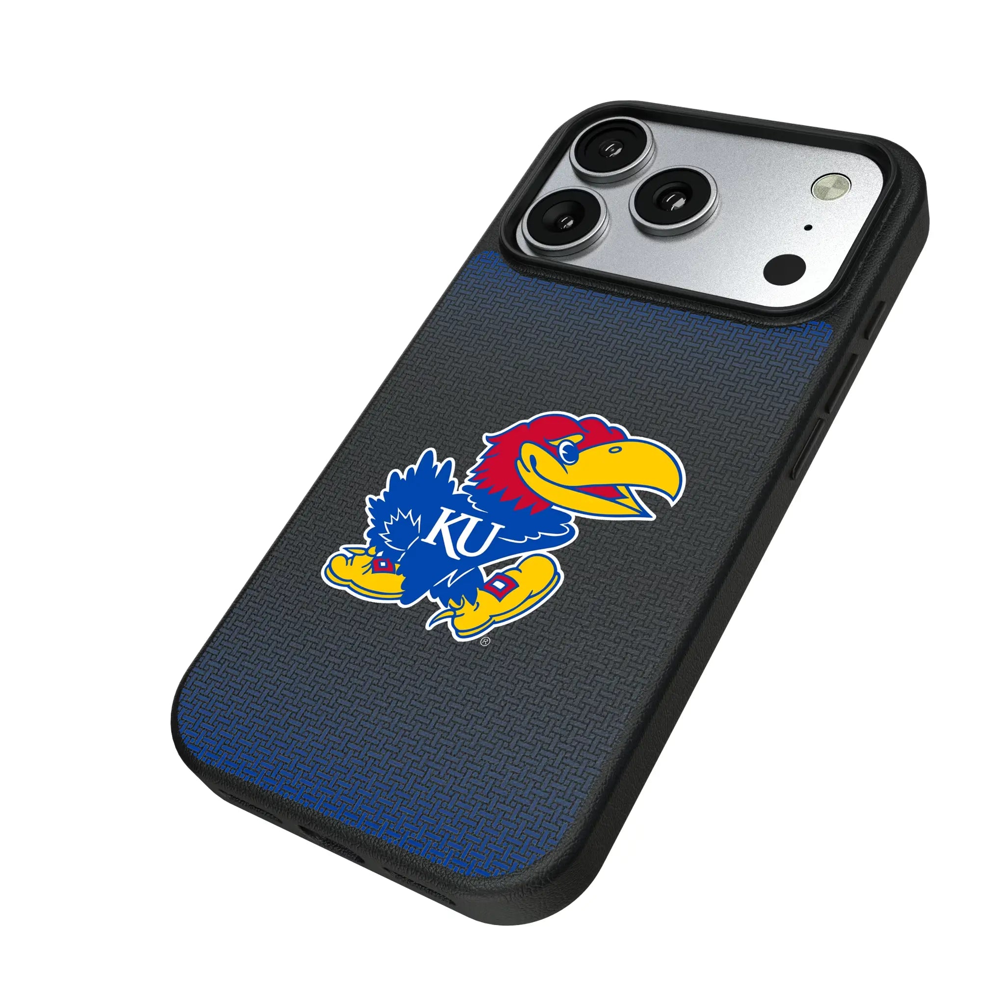 University of Kansas Jayhawks Linen iPhone MagSafe Compatible Phone Case for Apple iPhone - Isometric View#Device_iPhone 17 Pro
