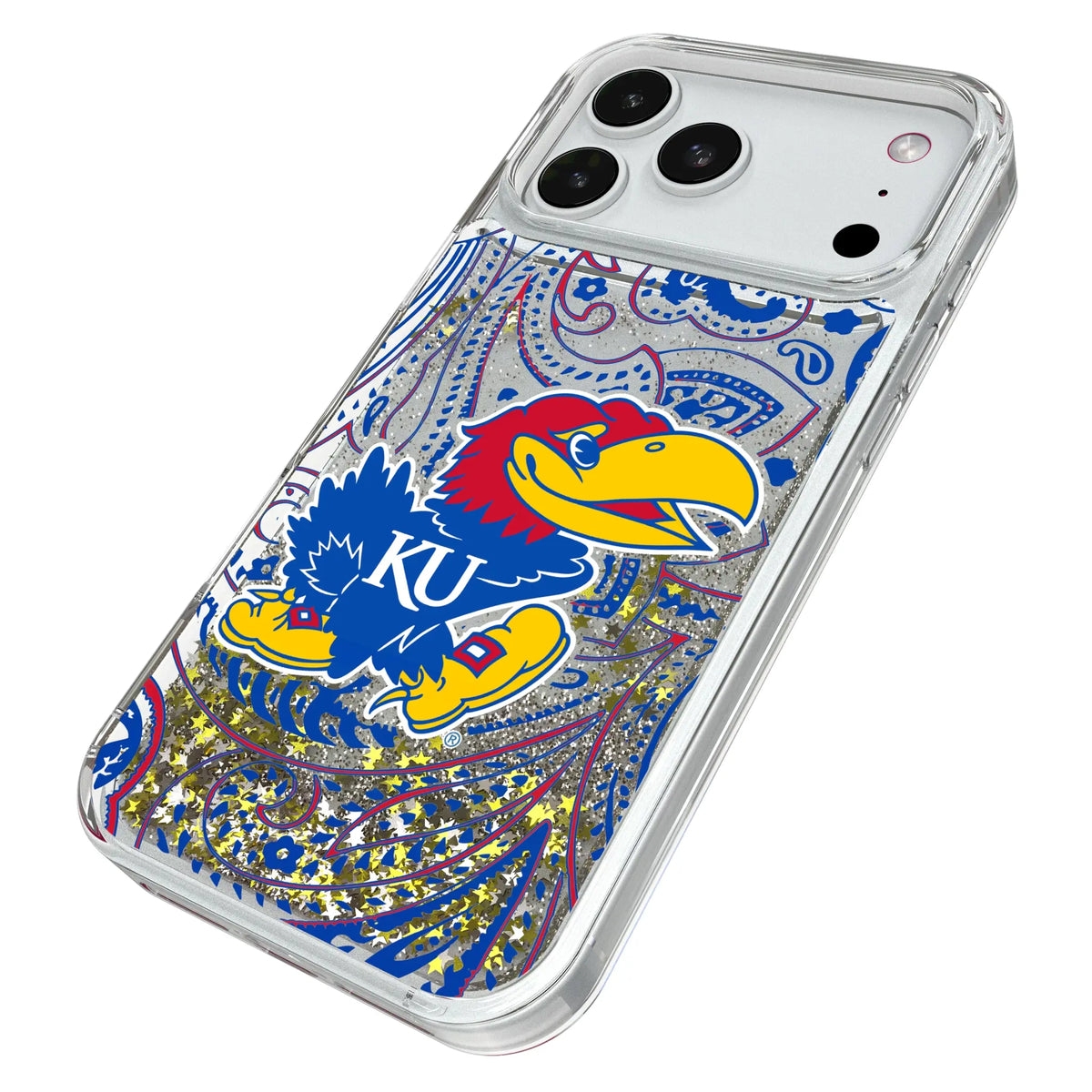 University of Kansas Jayhawks Paisley iPhone Glitter Phone Case for Apple iPhone - Isometric View#Device_iPhone 18 Pro Max