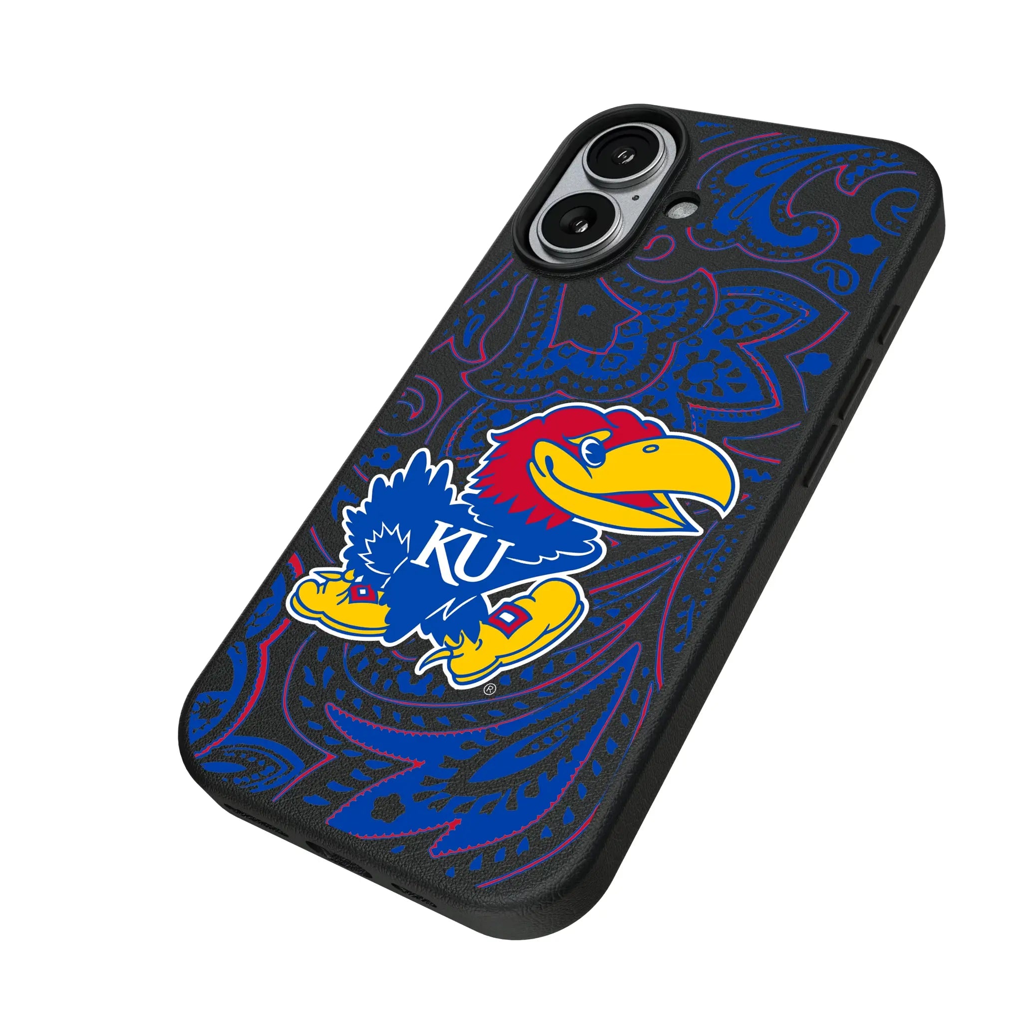 University of Kansas Jayhawks Paisley iPhone MagSafe Compatible Phone Case for Apple iPhone - Isometric View#Device_iPhone 17