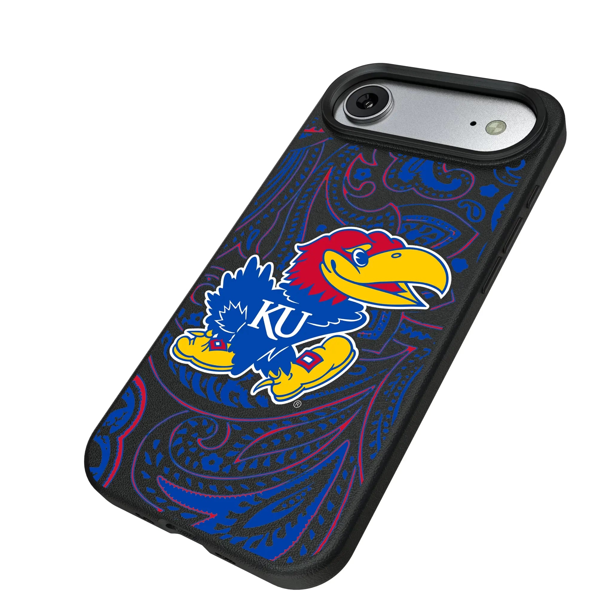 University of Kansas Jayhawks Paisley iPhone MagSafe Compatible Phone Case for Apple iPhone - Isometric View#Device_iPhone Air