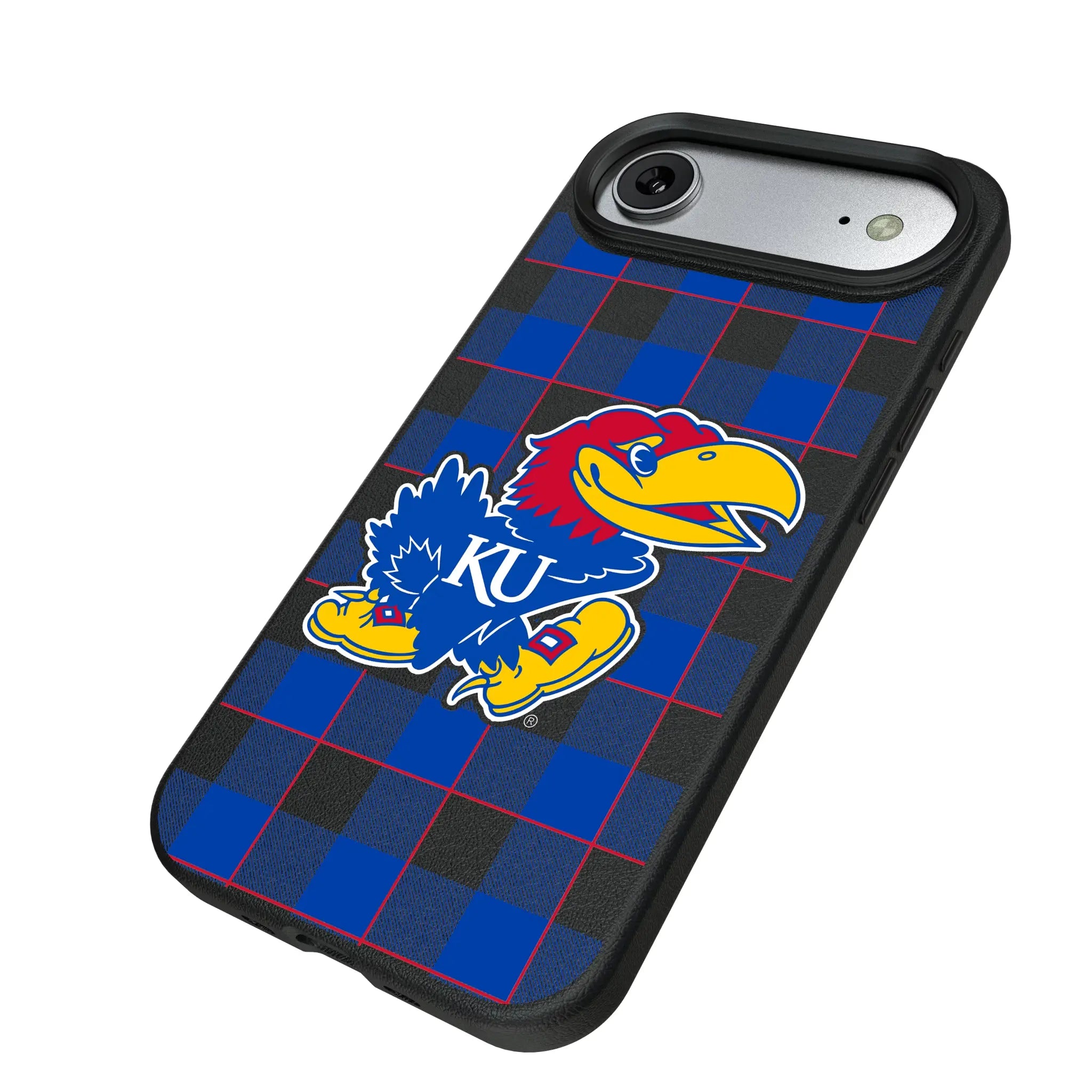 University of Kansas Jayhawks Plaid iPhone MagSafe Compatible Phone Case for Apple iPhone - Isometric View#Device_iPhone Air