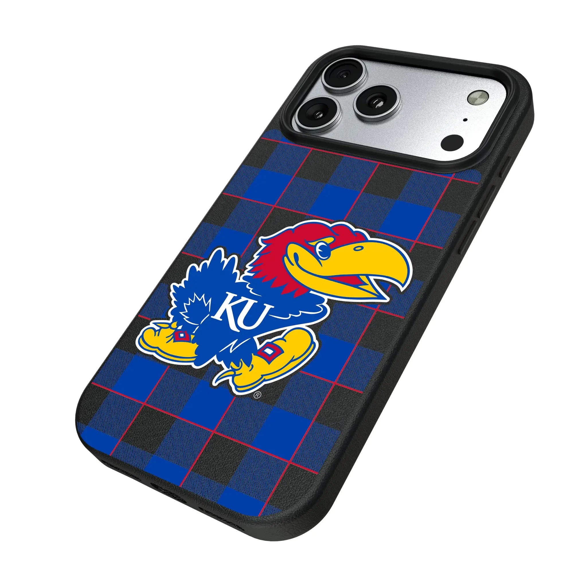 University of Kansas Jayhawks Plaid iPhone MagSafe Compatible Phone Case for Apple iPhone - Isometric View#Device_iPhone 17 Pro Max