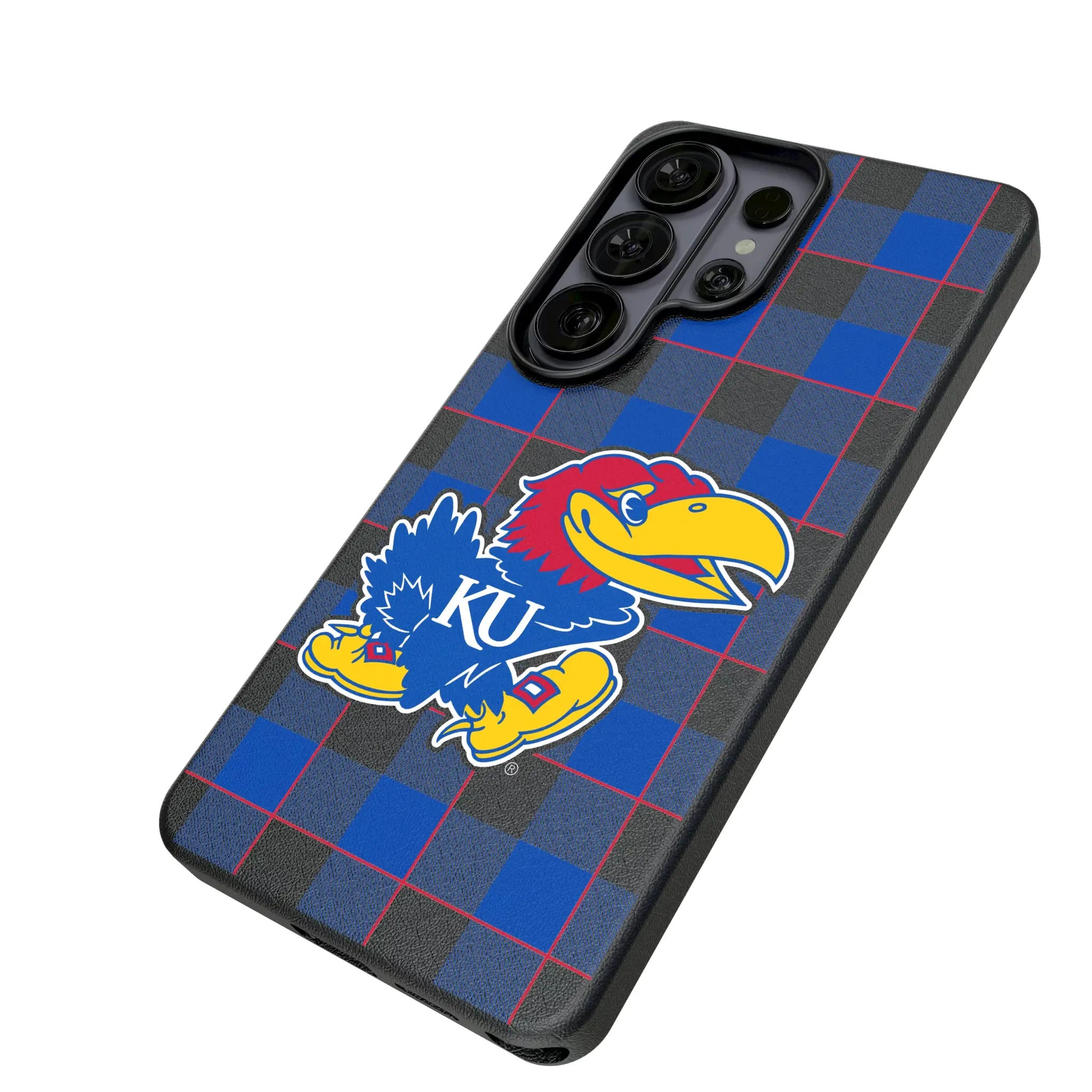 University of Kansas Jayhawks Plaid Galaxy MagSafe Compatible Phone Case for Samsung Galaxy - Isometric View#Device_Galaxy S26 Ultra