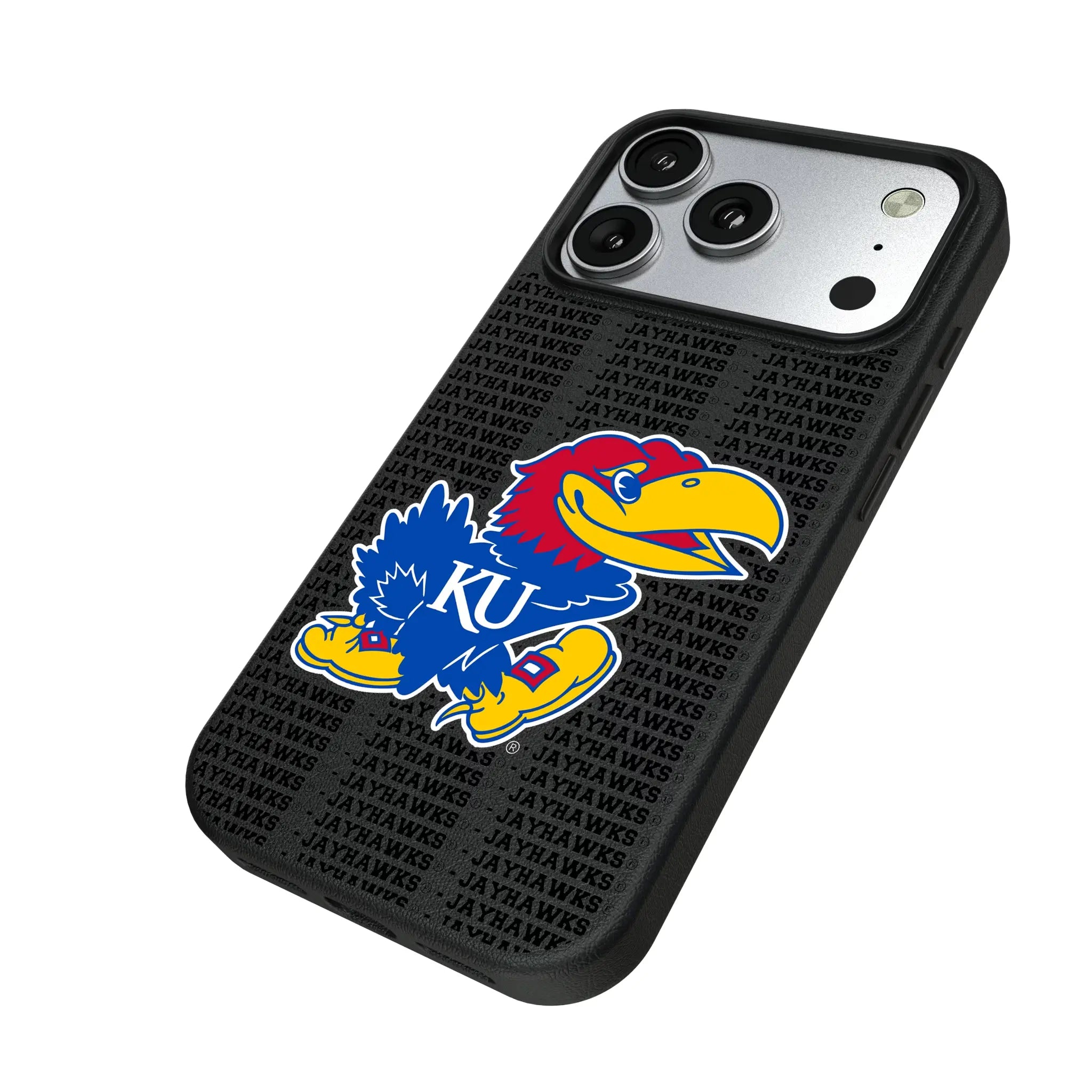 University of Kansas Jayhawks Text Backdrop iPhone MagSafe Compatible Phone Case for Apple iPhone - Isometric View#Device_iPhone 17 Pro