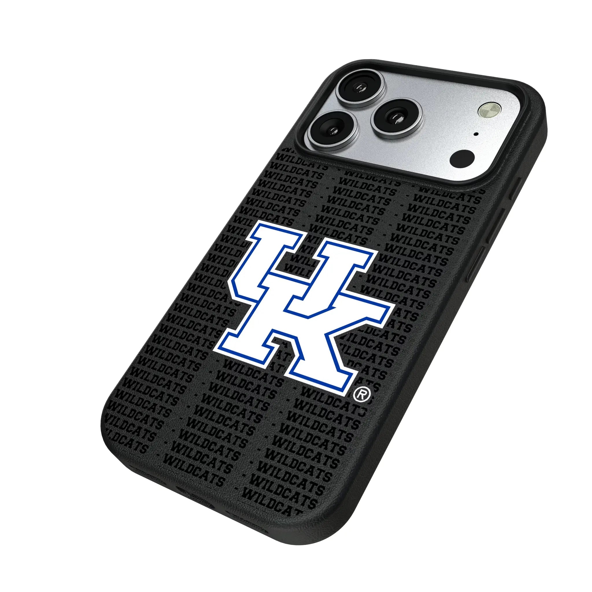 University of Kentucky Wildcats Text Backdrop iPhone MagSafe Compatible Phone Case for Apple iPhone - Isometric View#Device_iPhone 17 Pro