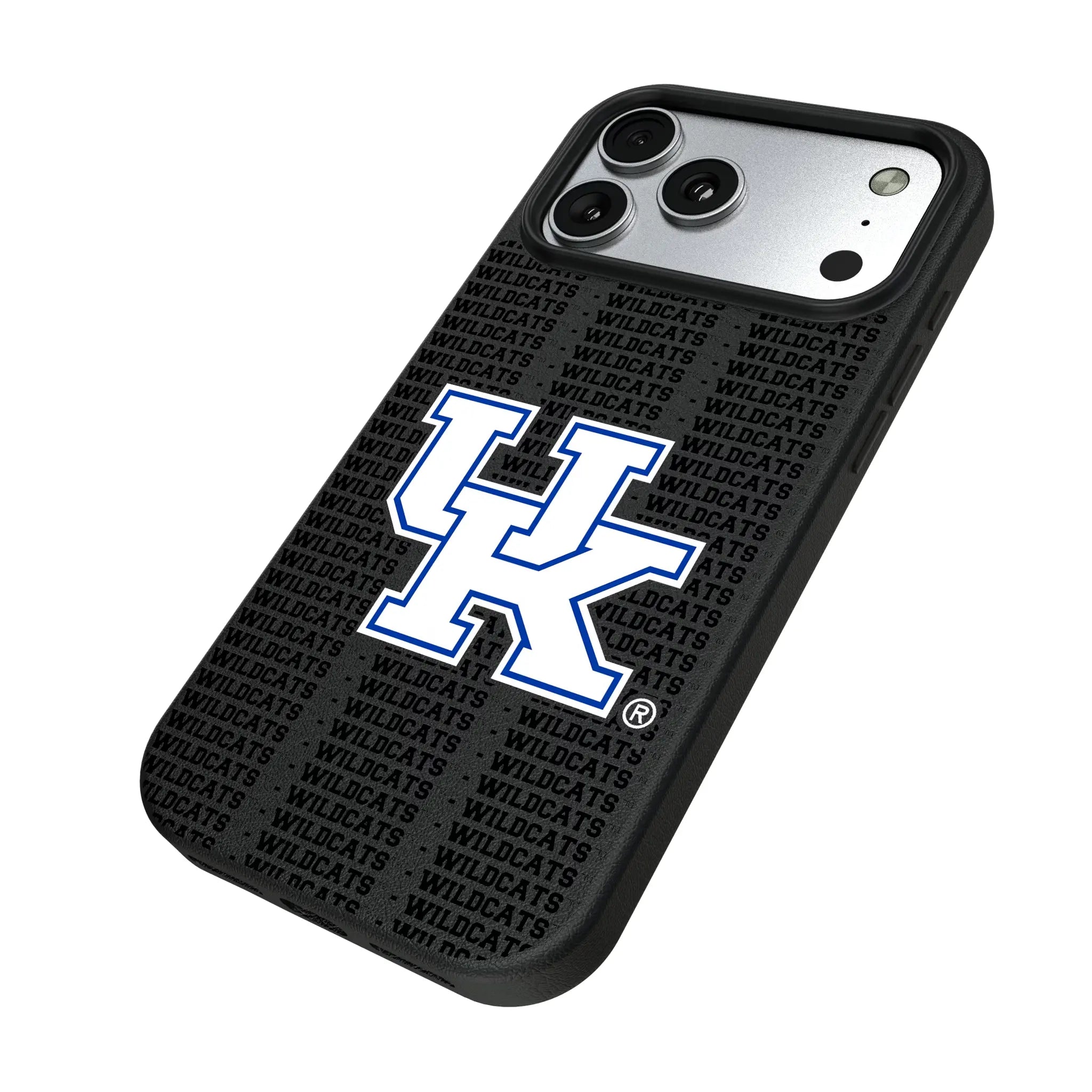University of Kentucky Wildcats Text Backdrop iPhone MagSafe Compatible Phone Case for Apple iPhone - Isometric View#Device_iPhone 17 Pro Max