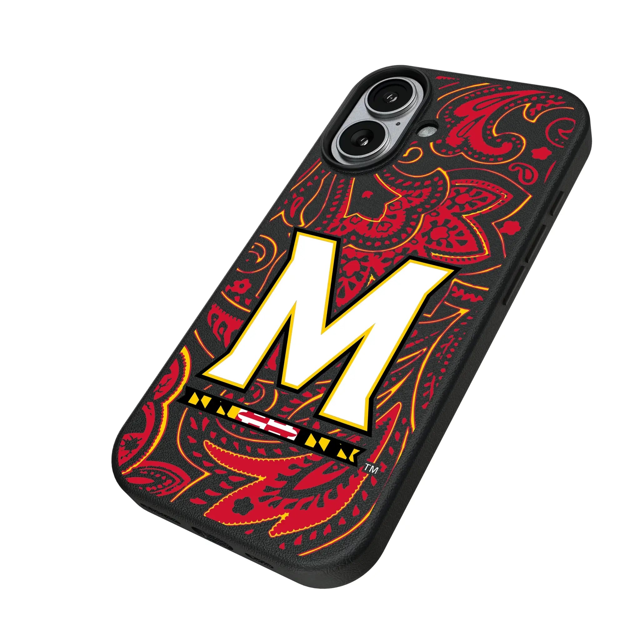 University of Maryland Terrapins Paisley iPhone MagSafe Compatible Phone Case for Apple iPhone - Isometric View#Device_iPhone 17