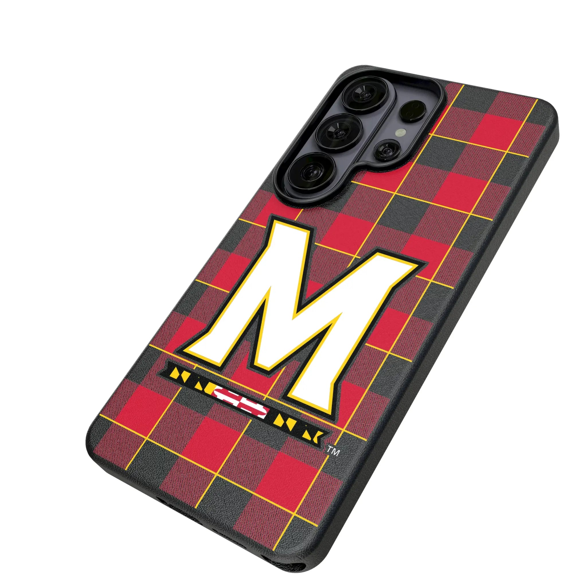 University of Maryland Terrapins Plaid Galaxy MagSafe Compatible Phone Case for Samsung Galaxy - Isometric View#Device_Galaxy S26 Ultra