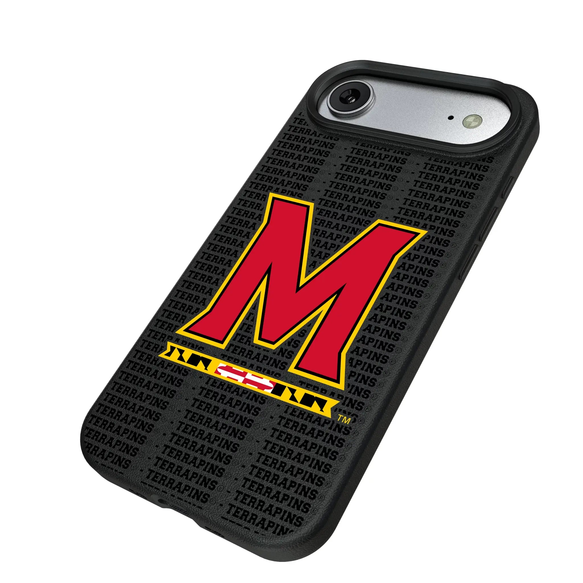 University of Maryland Terrapins Text Backdrop iPhone MagSafe Compatible Phone Case for Apple iPhone - Isometric View#Device_iPhone Air