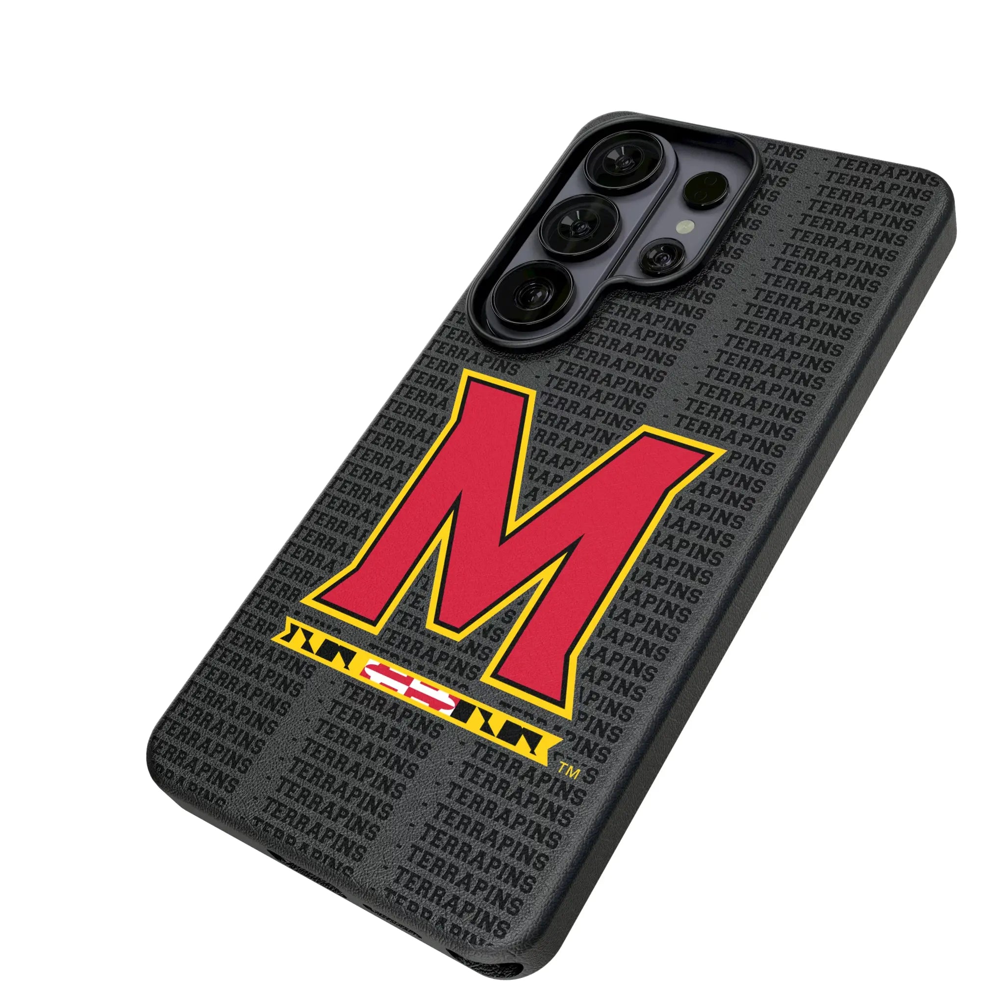 University of Maryland Terrapins Text Backdrop Galaxy MagSafe Compatible Phone Case for Samsung Galaxy - Isometric View#Device_Galaxy S26 Ultra