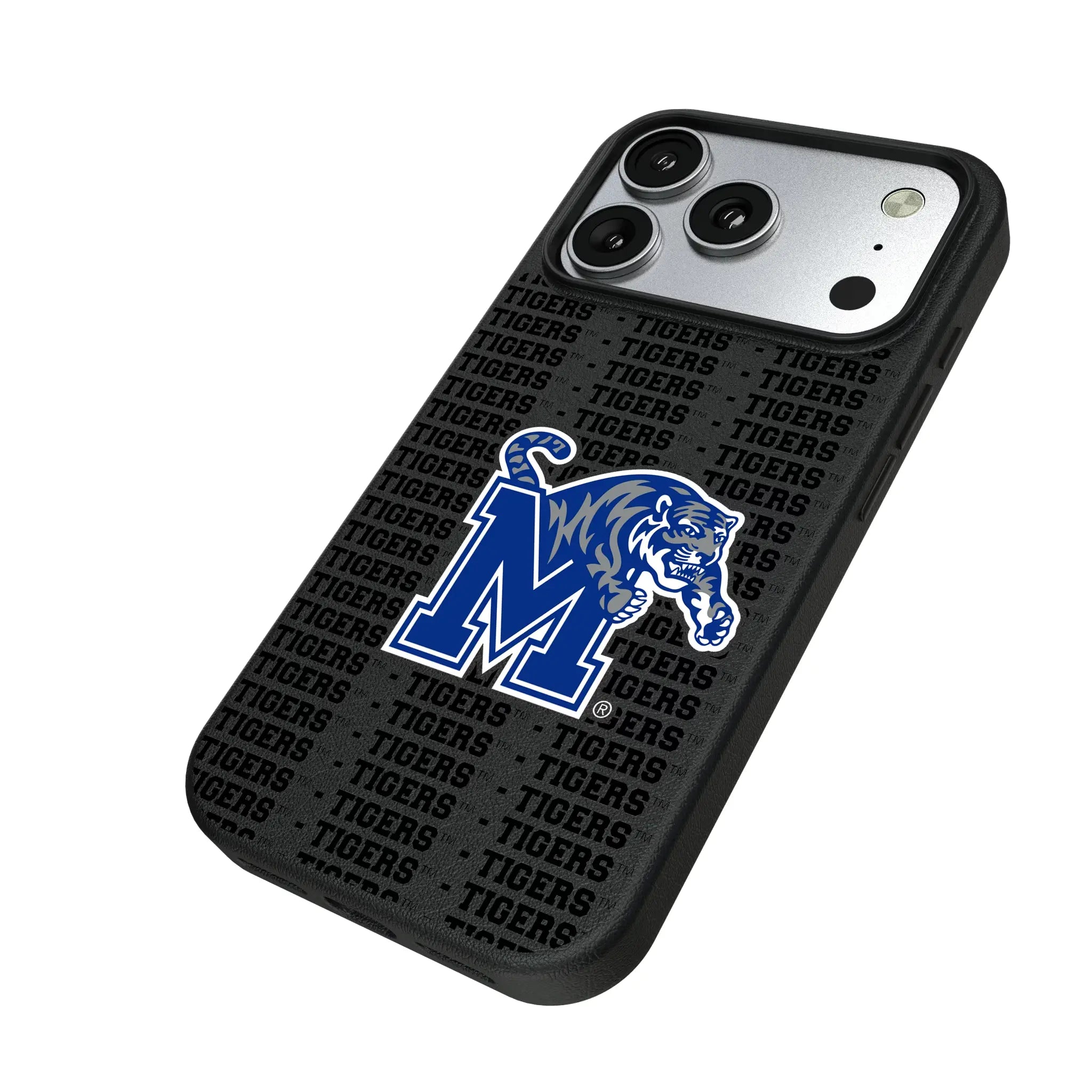 University of Memphis Tigers Text Backdrop iPhone MagSafe Compatible Phone Case for Apple iPhone - Isometric View#Device_iPhone 17 Pro