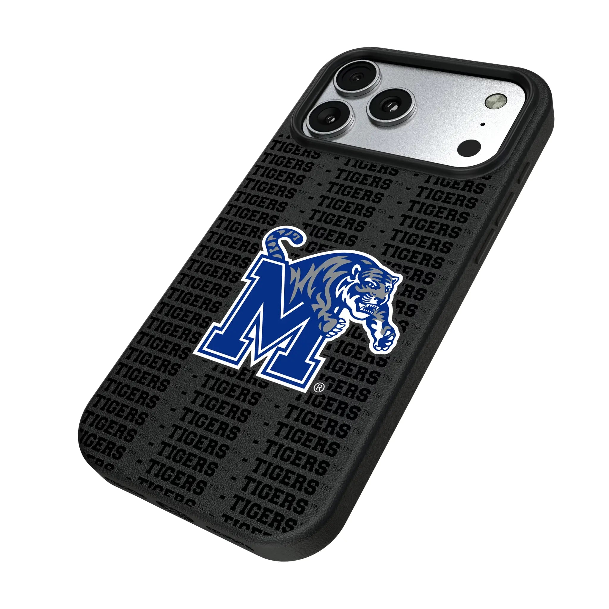 University of Memphis Tigers Text Backdrop iPhone MagSafe Compatible Phone Case for Apple iPhone - Isometric View#Device_iPhone 17 Pro Max