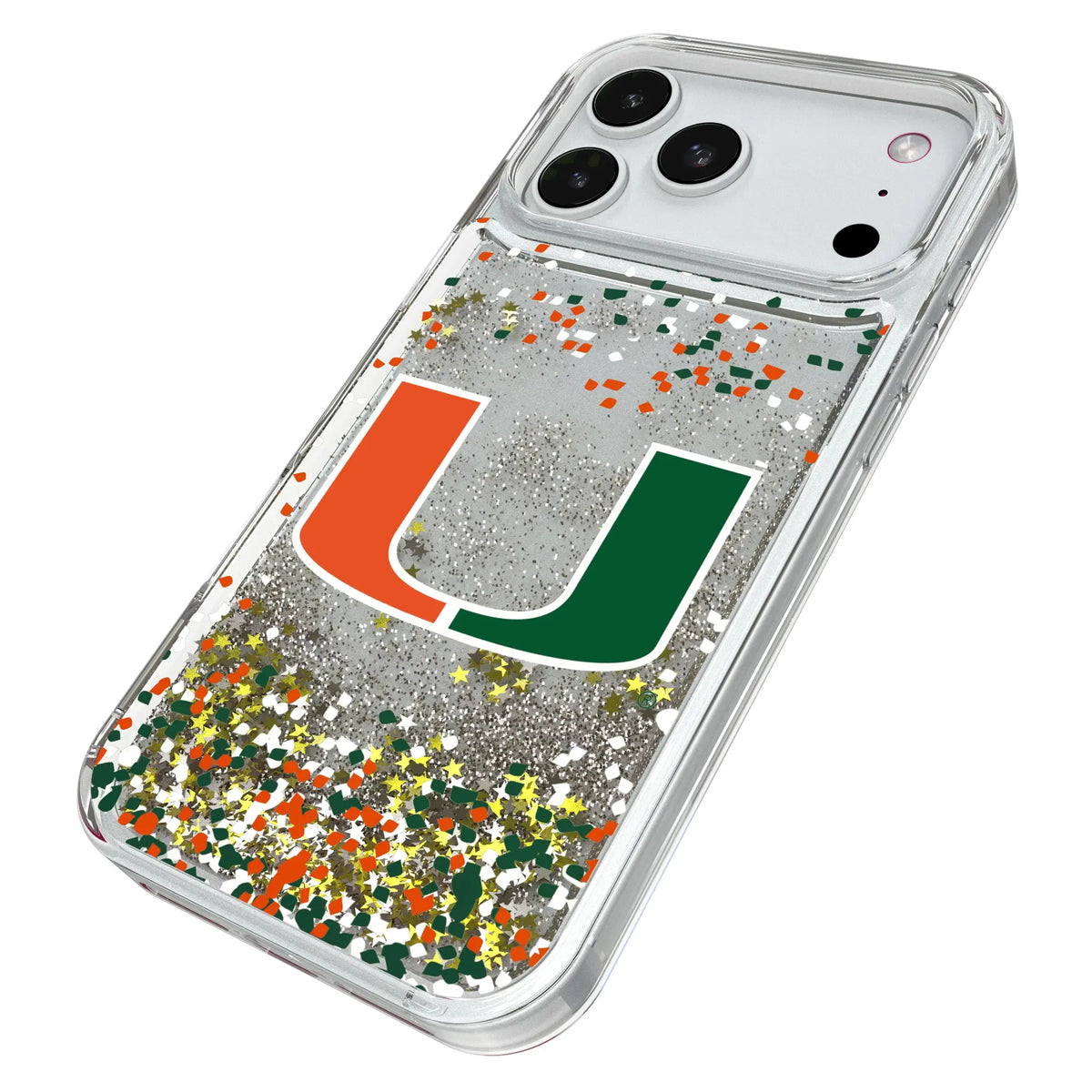 University of Miami Hurricanes Confetti iPhone Glitter Phone Case for Apple iPhone - Isometric View#Device_iPhone 18 Pro Max
