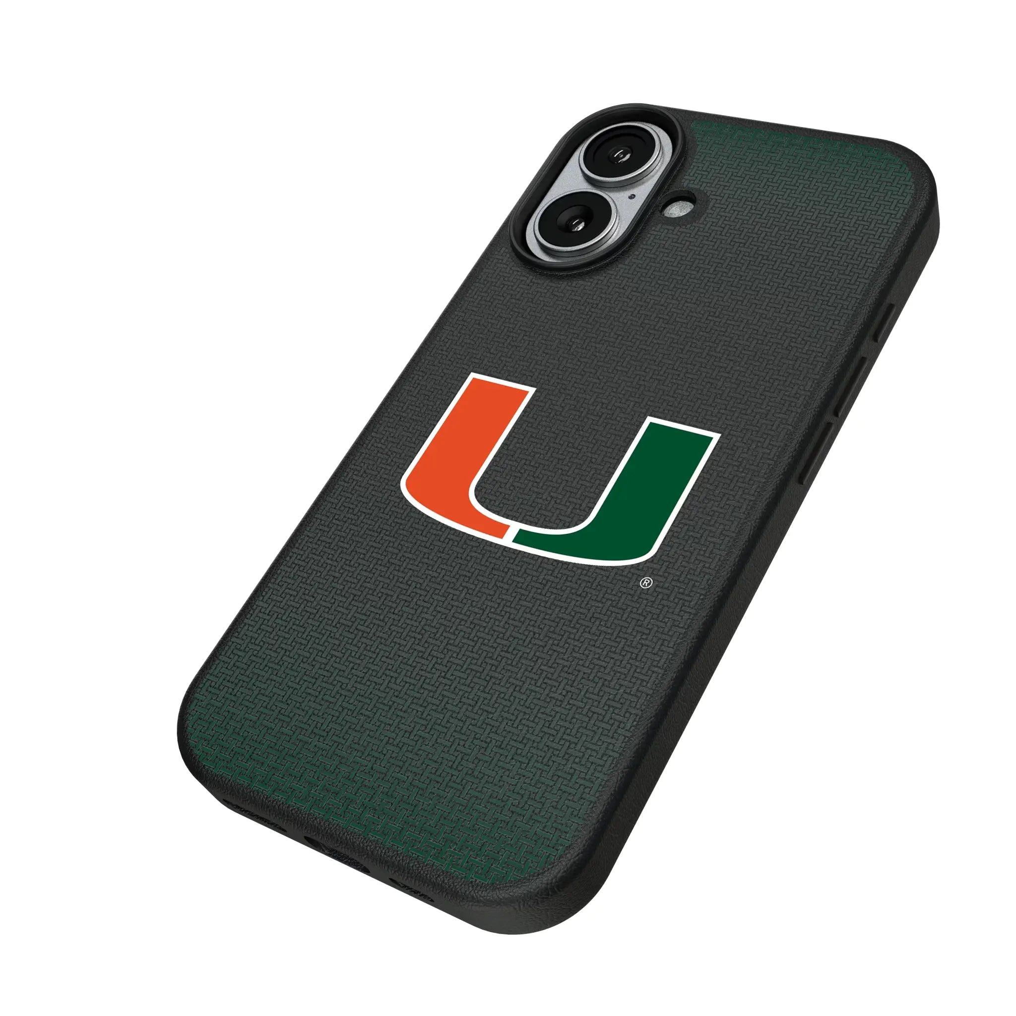 University of Miami Hurricanes Linen iPhone MagSafe Compatible Phone Case for Apple iPhone - Isometric View#Device_iPhone 17